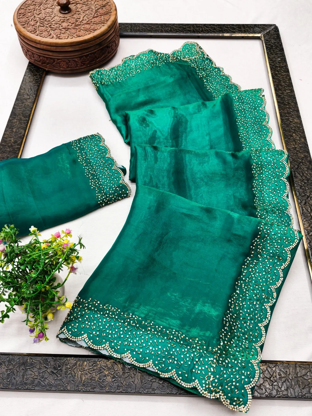 Emerald Green Satin Saree with Handcrafted Stone Work Embellished Border - Image 3