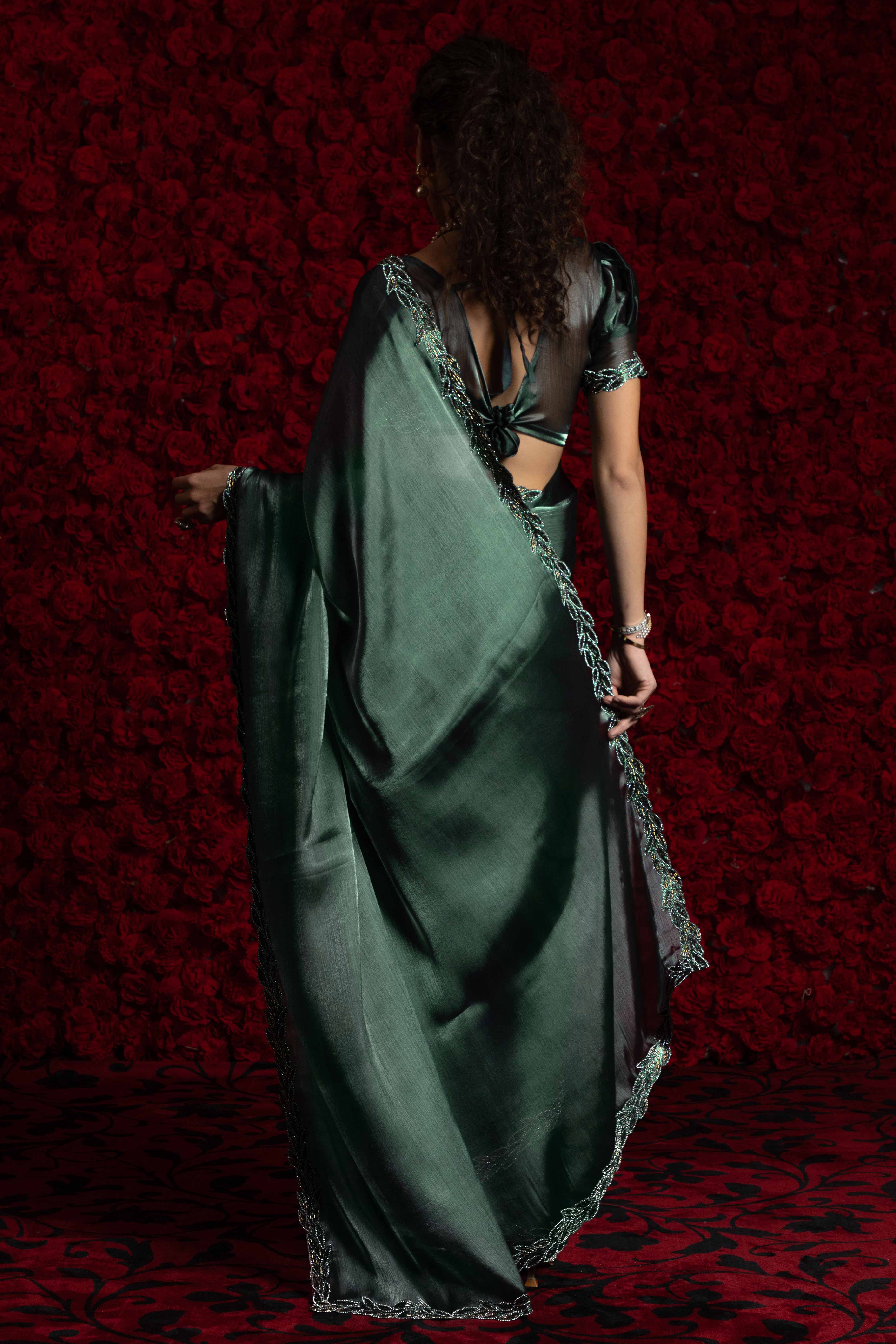 Emerald Green Solid Tissue Chiffon Saree Accented With Elegant Zarkan Work Border - Image 4