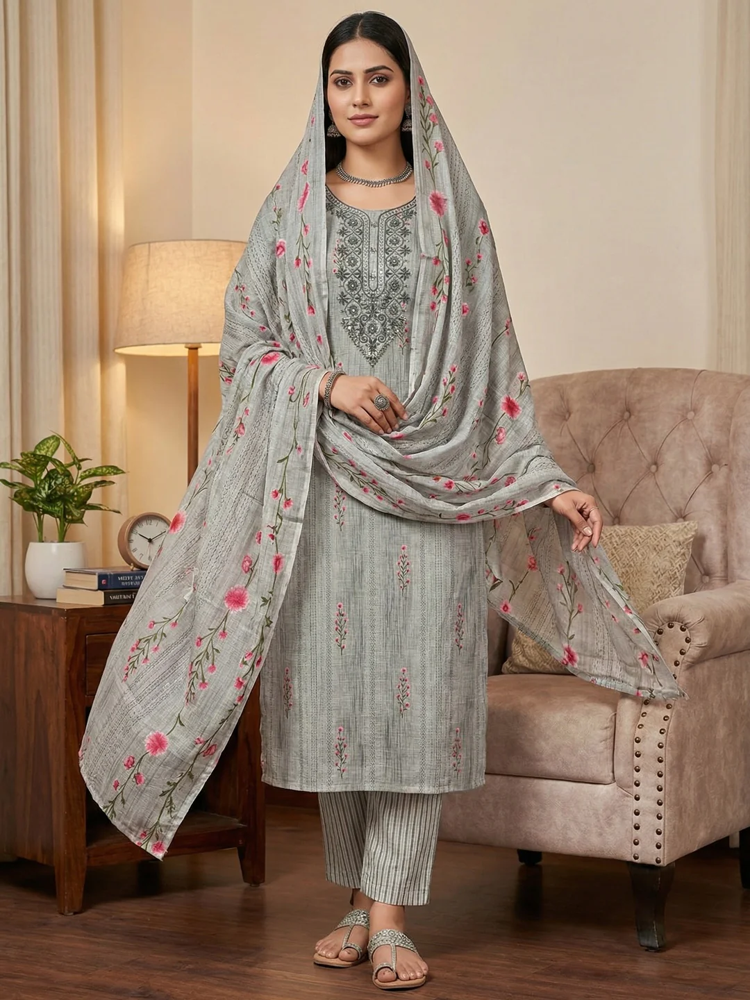 Emerald Grey Floral Printed Cotton Blend Dress Material With Elegant Sequins Embroidery Work