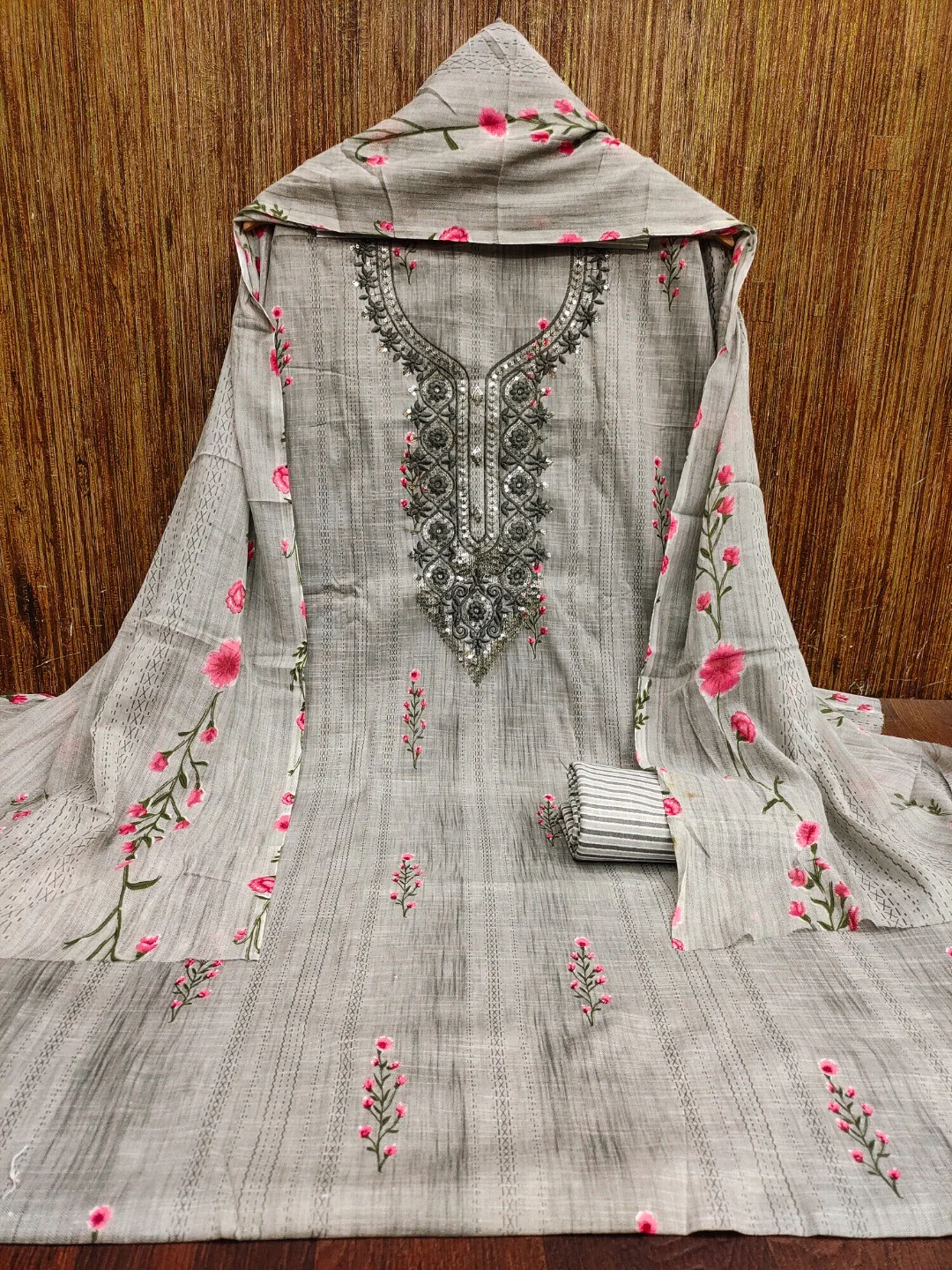Emerald Grey Floral Printed Cotton Blend Dress Material With Elegant Sequins Embroidery Work - Image 2