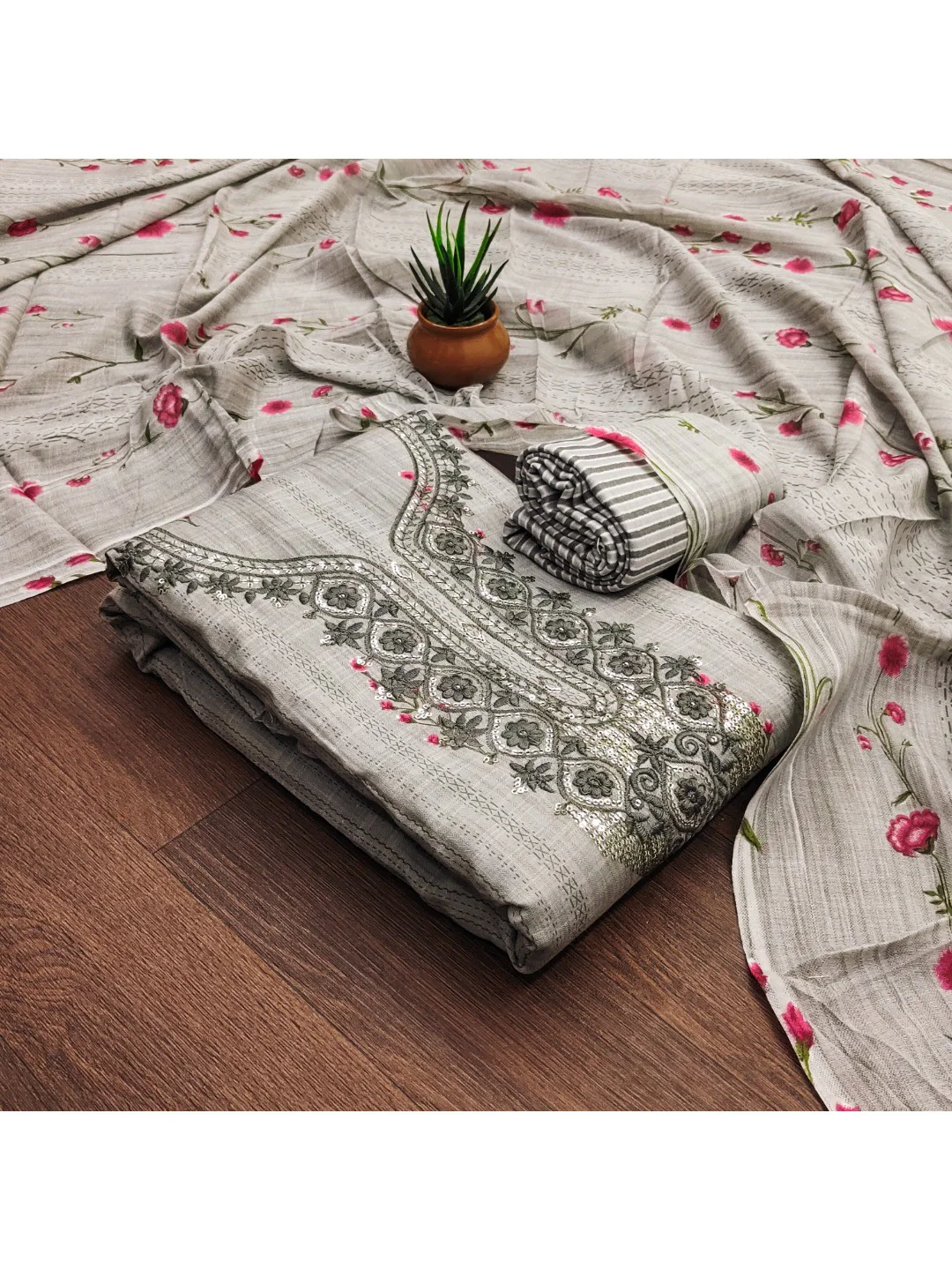 Emerald Grey Floral Printed Cotton Blend Dress Material With Elegant Sequins Embroidery Work - Image 4