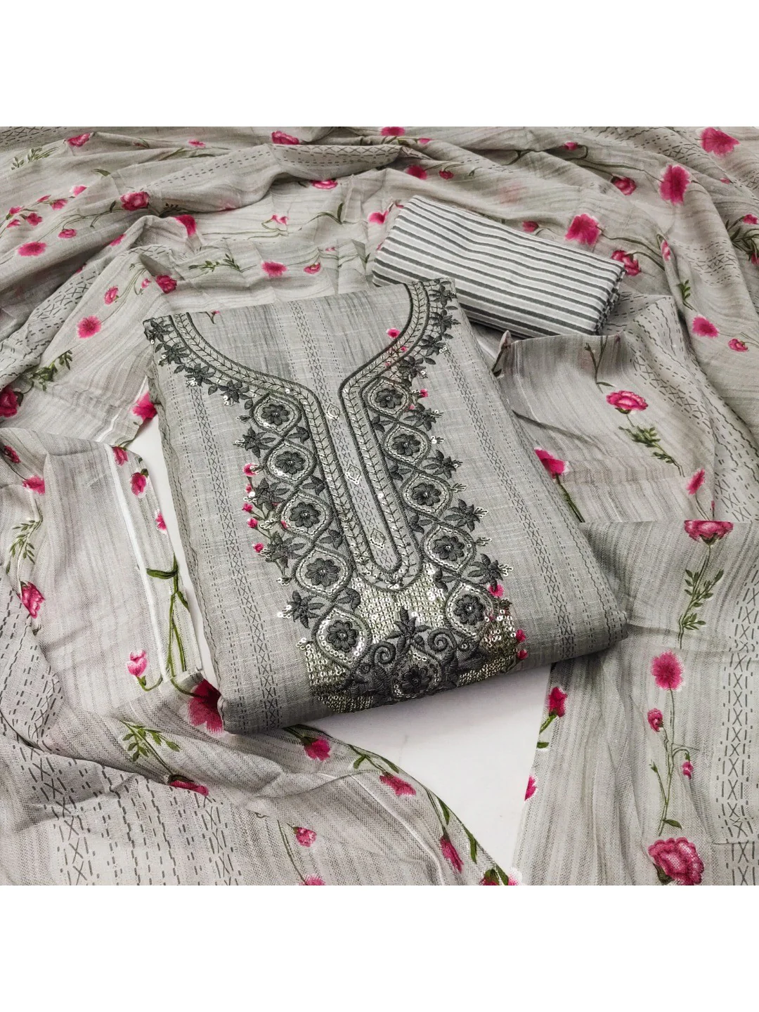 Emerald Grey Floral Printed Cotton Blend Dress Material With Elegant Sequins Embroidery Work - Image 5