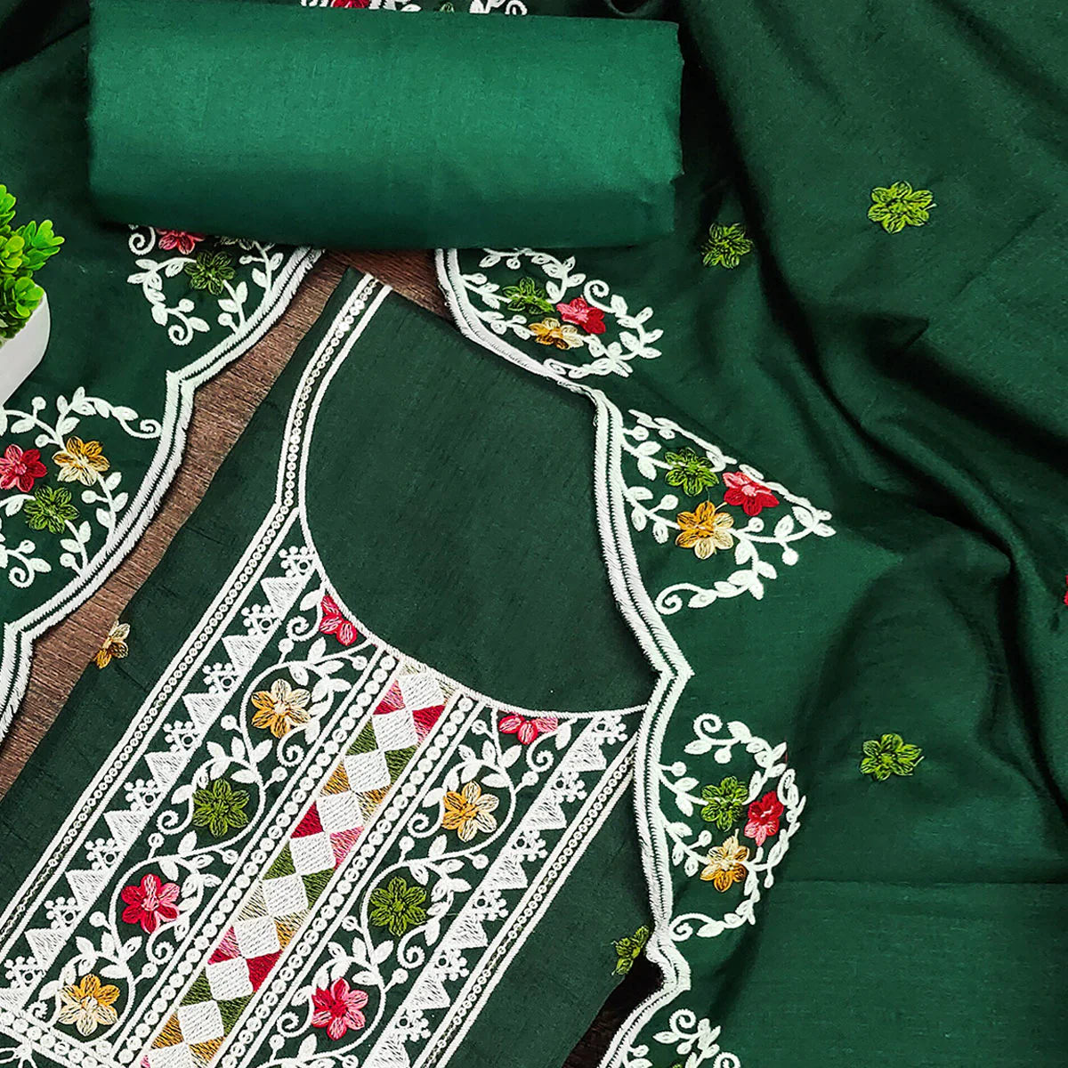 Enchanting Green Floral Sequin Embroidered Cotton Blend Dress Material - Image 2