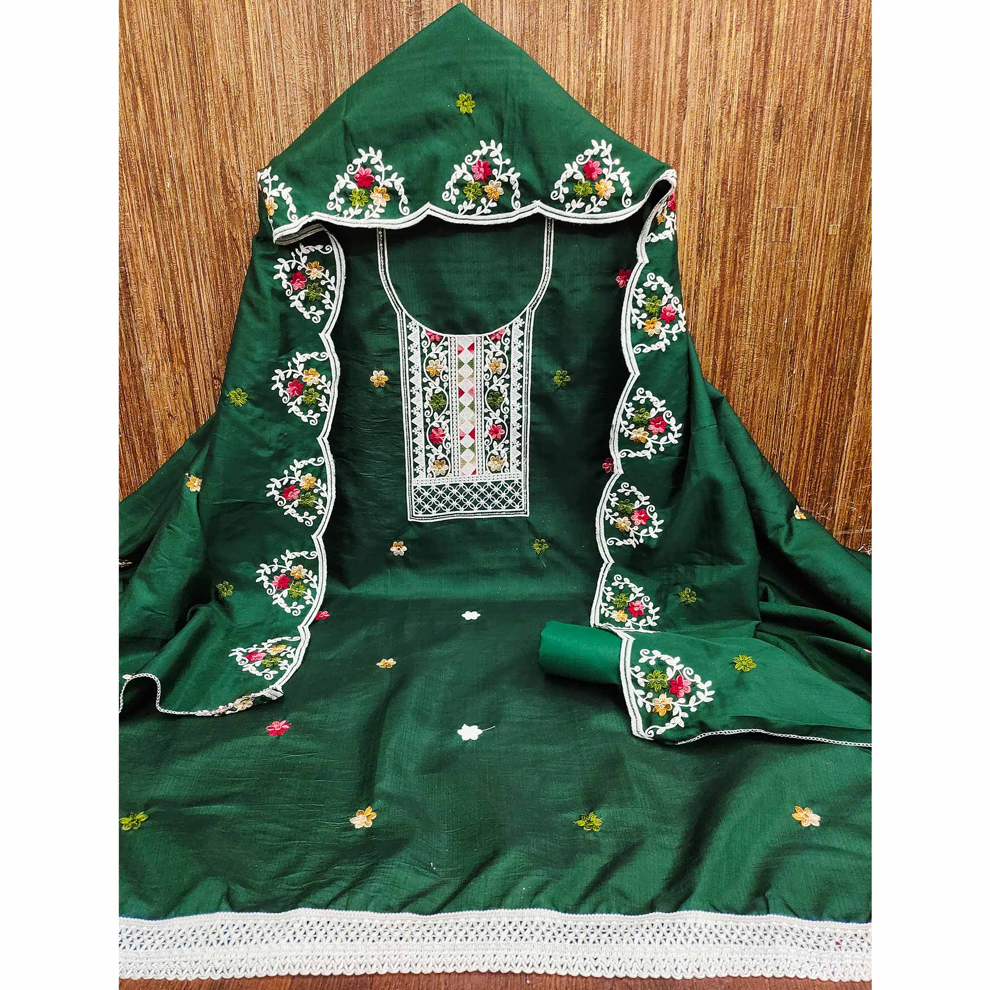 Enchanting Green Floral Sequin Embroidered Cotton Blend Dress Material - Image 3