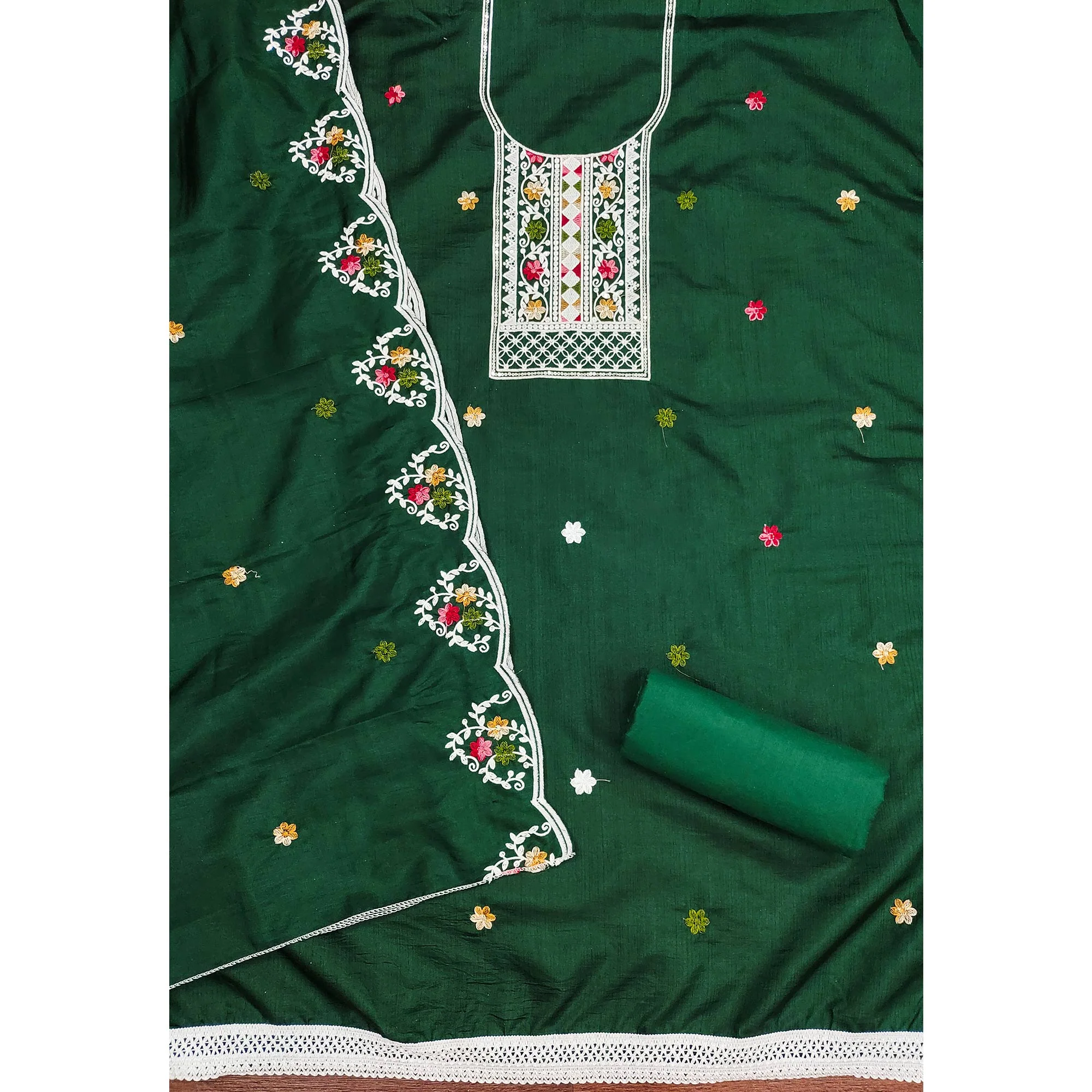 Enchanting Green Floral Sequin Embroidered Cotton Blend Dress Material - Image 4