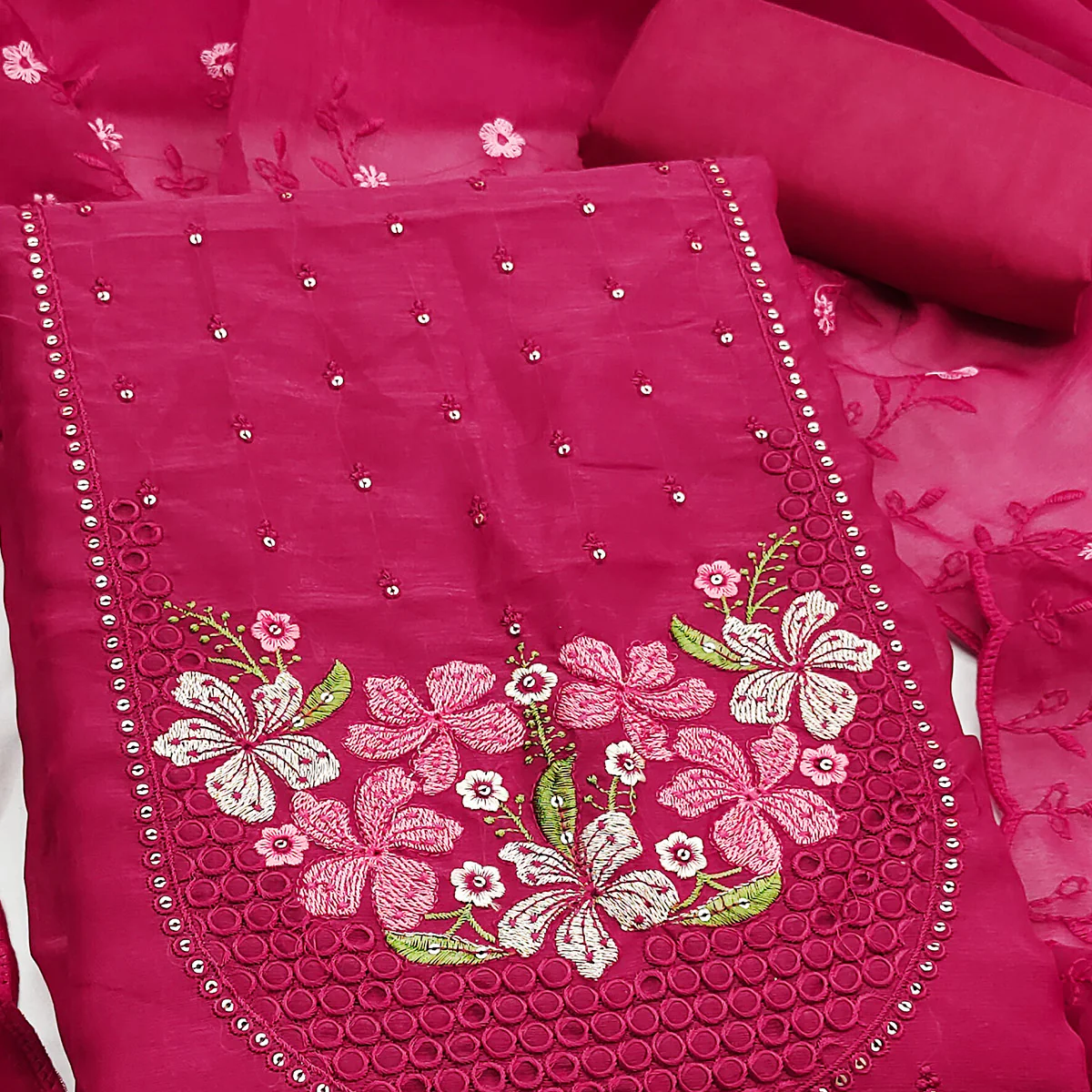 Ethereal Grace Pink Floral Embroidered & Sequins Enhanced Art Silk Dress Material - Image 2