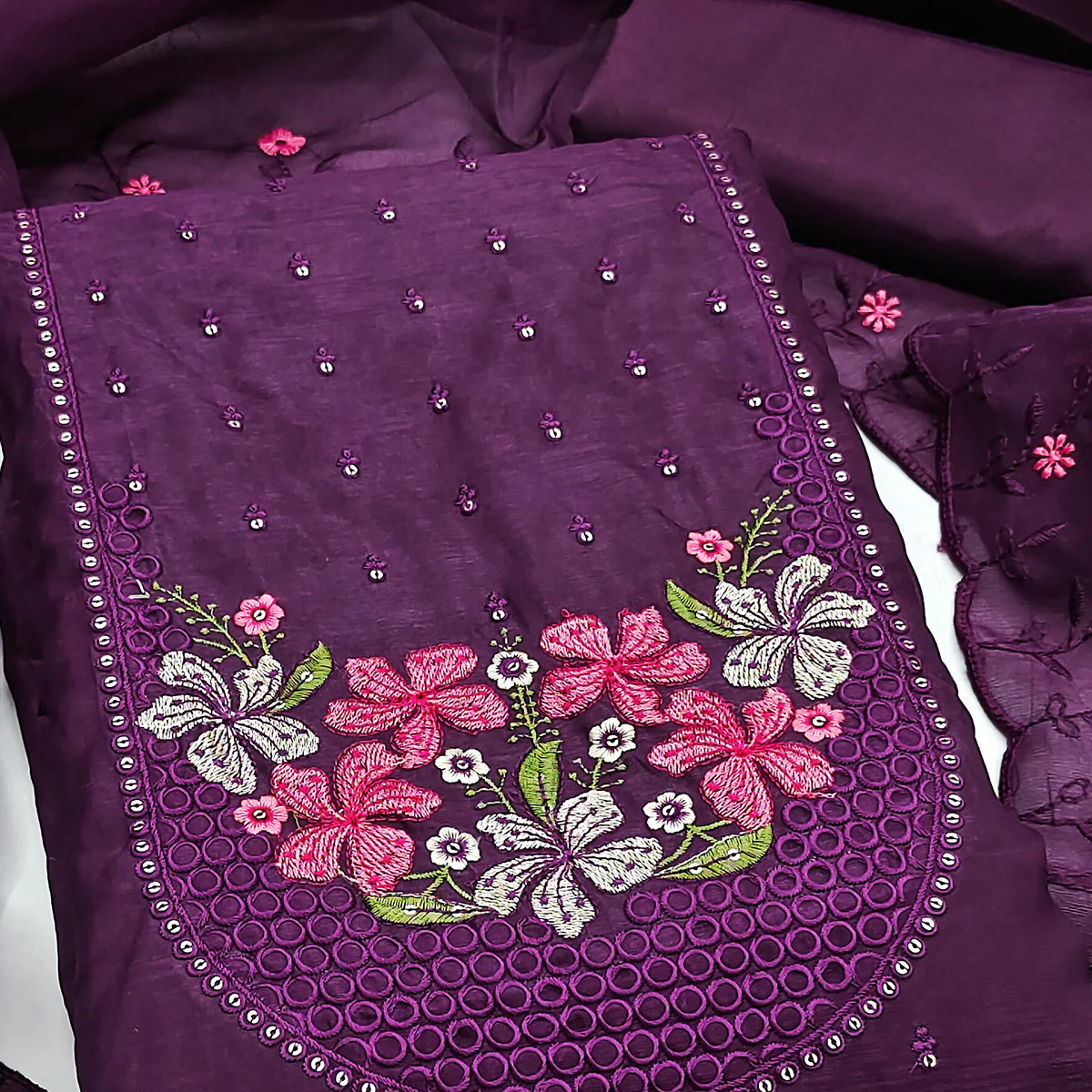 Ethereal Grace Purple Floral Embroidered & Sequins Enhanced Art Silk Dress Material - Image 2