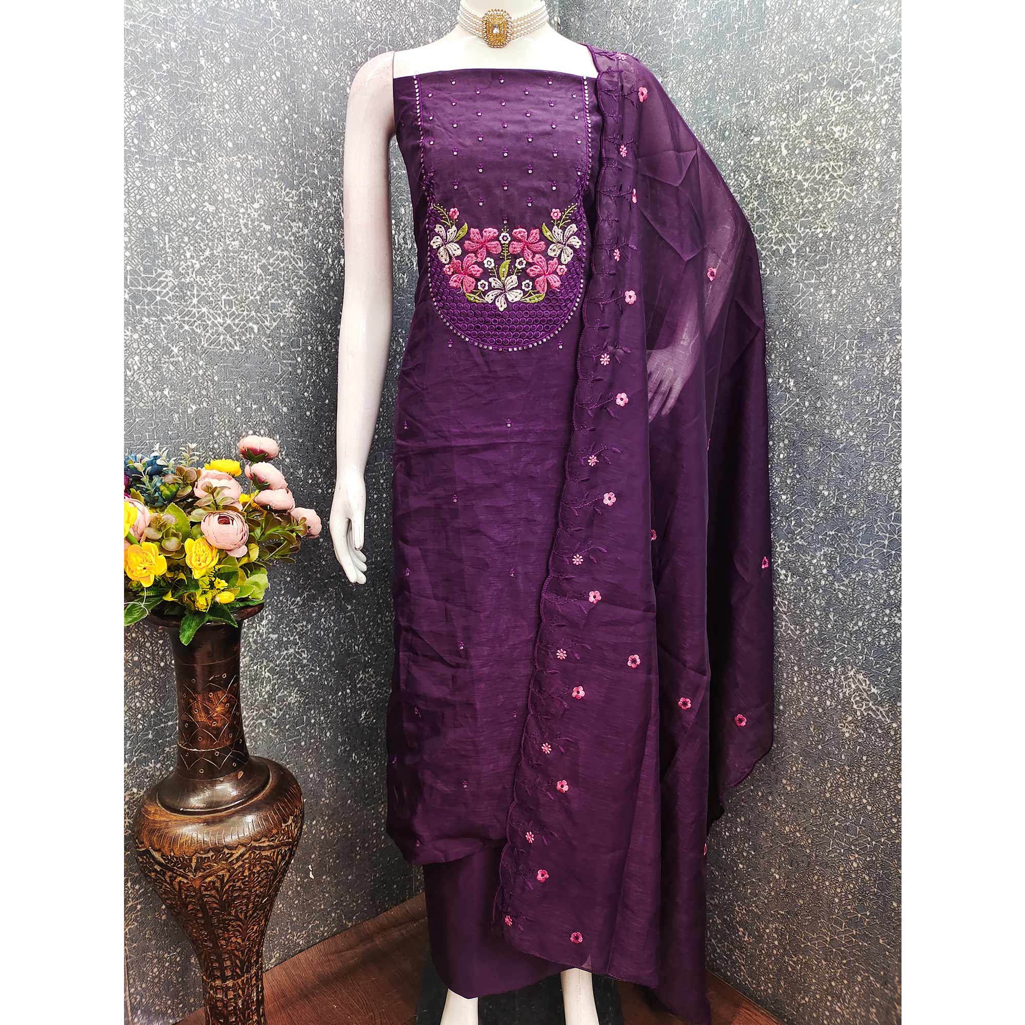 Ethereal Grace Purple Floral Embroidered & Sequins Enhanced Art Silk Dress Material - Image 3