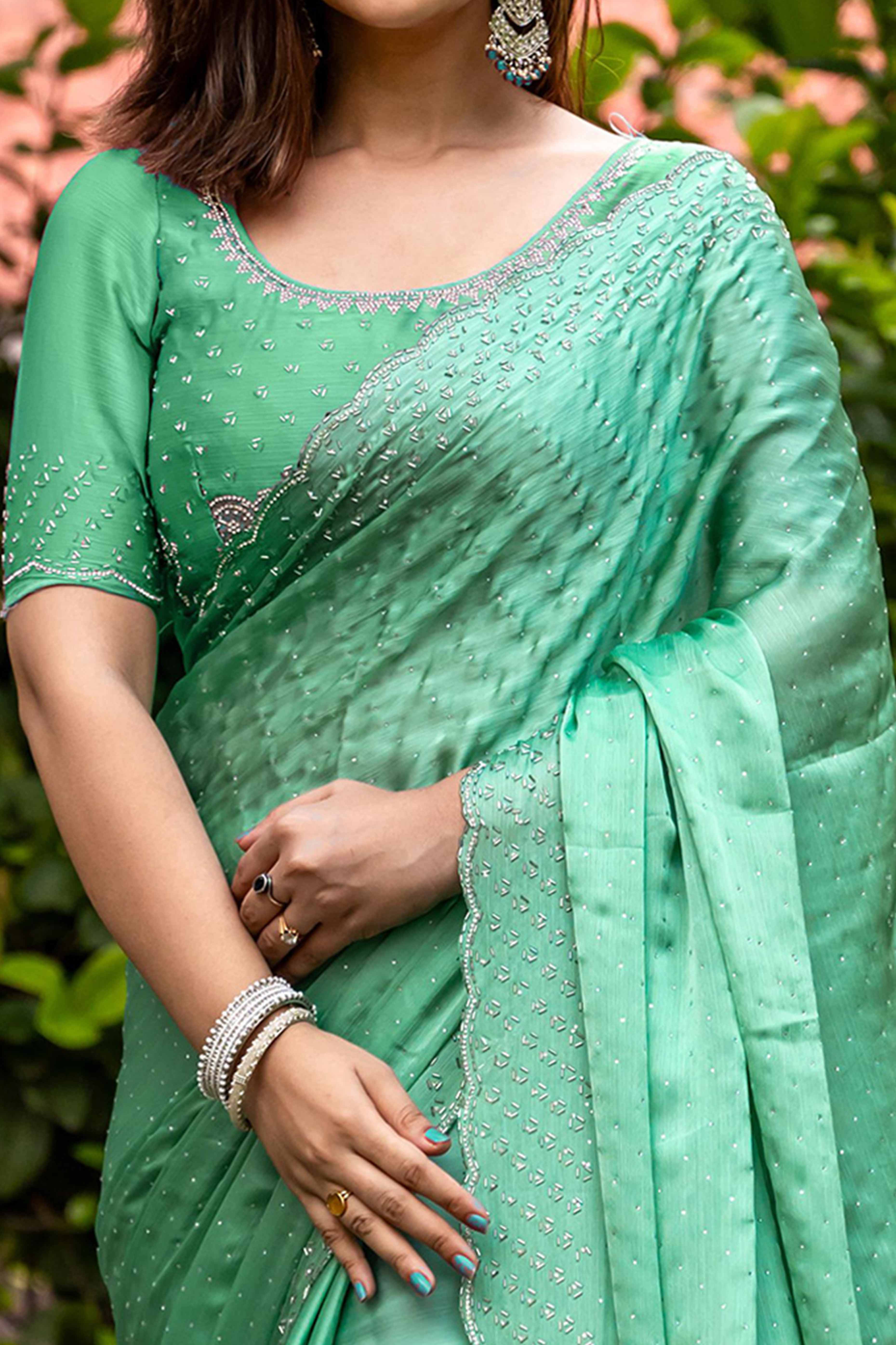 Ethereal Mint Green Satin Chiffon Saree with Handcrafted Sequin & Bead Detailing - Image 2