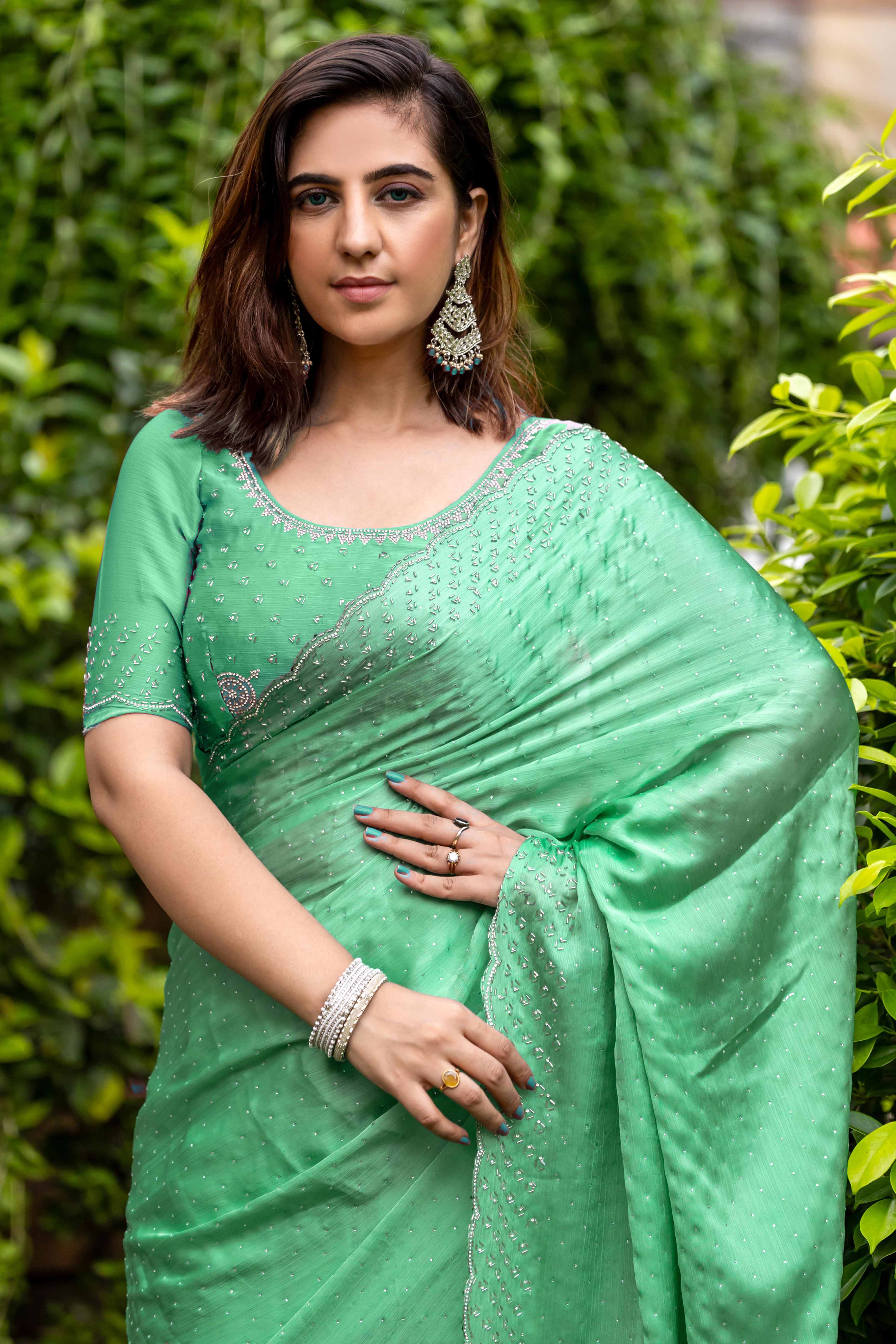 Ethereal Mint Green Satin Chiffon Saree with Handcrafted Sequin & Bead Detailing - Image 7