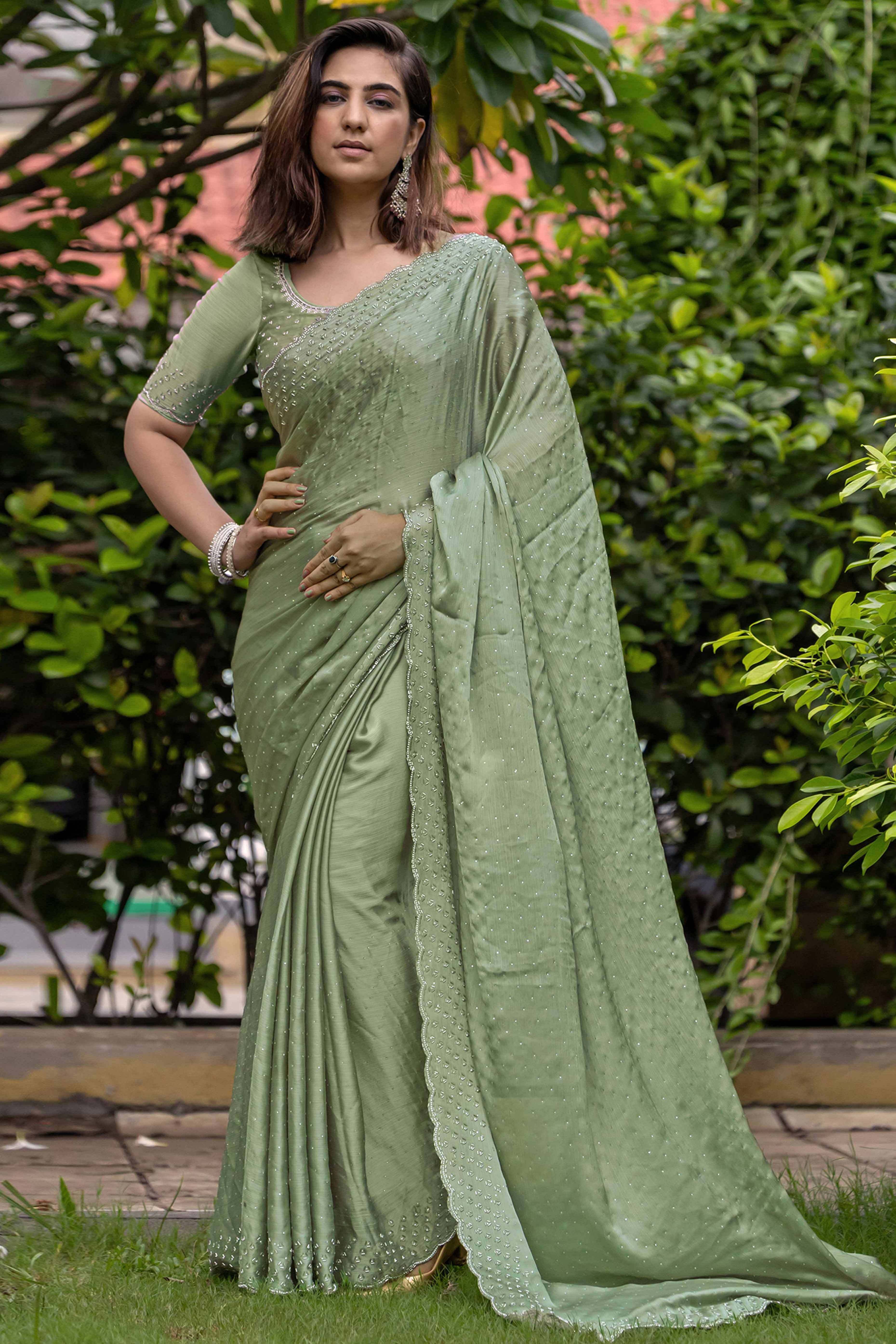 Ethereal Sage Green Satin Chiffon Saree with Handcrafted Sequin & Bead Detailing - Image 3