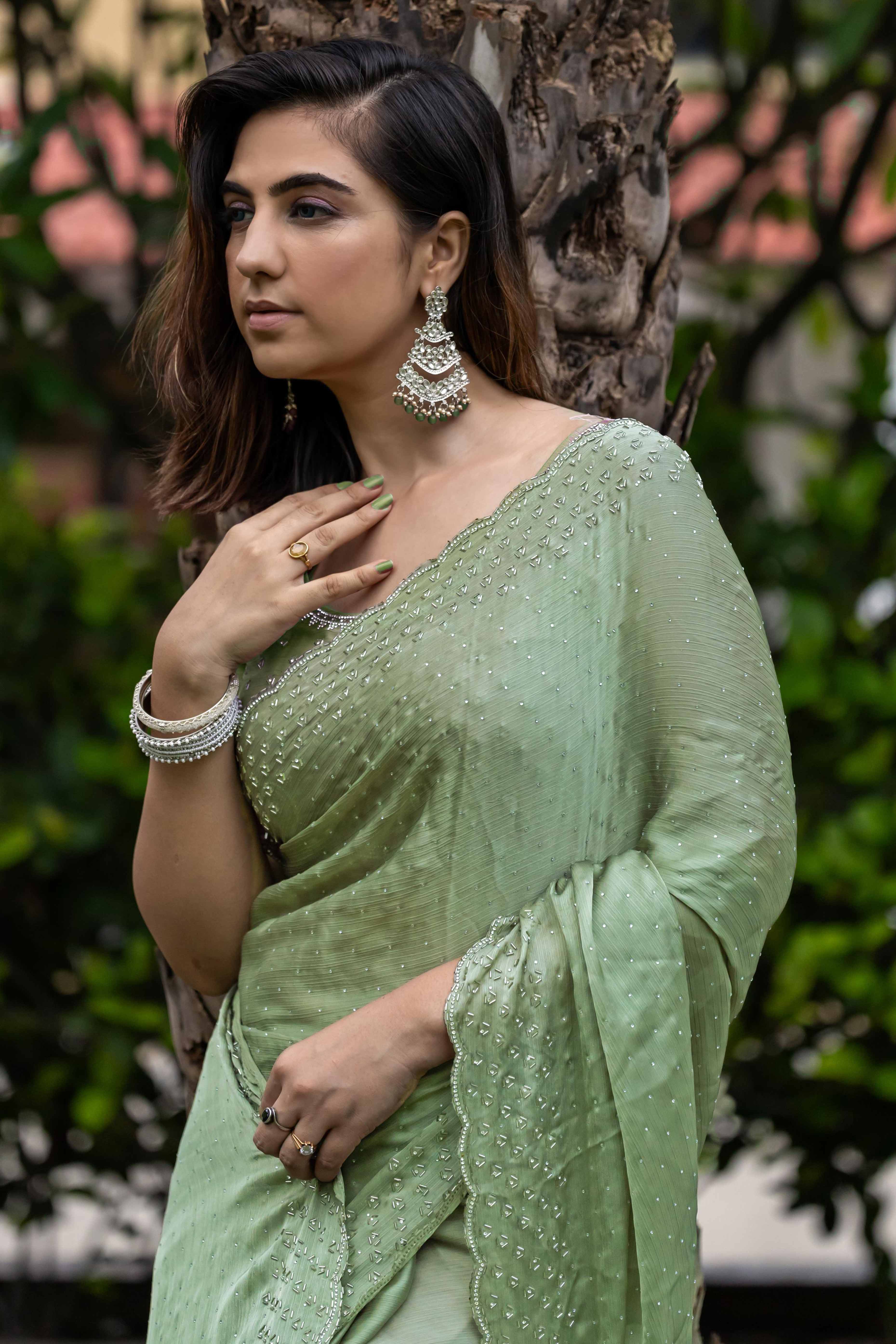 Ethereal Sage Green Satin Chiffon Saree with Handcrafted Sequin & Bead Detailing - Image 9