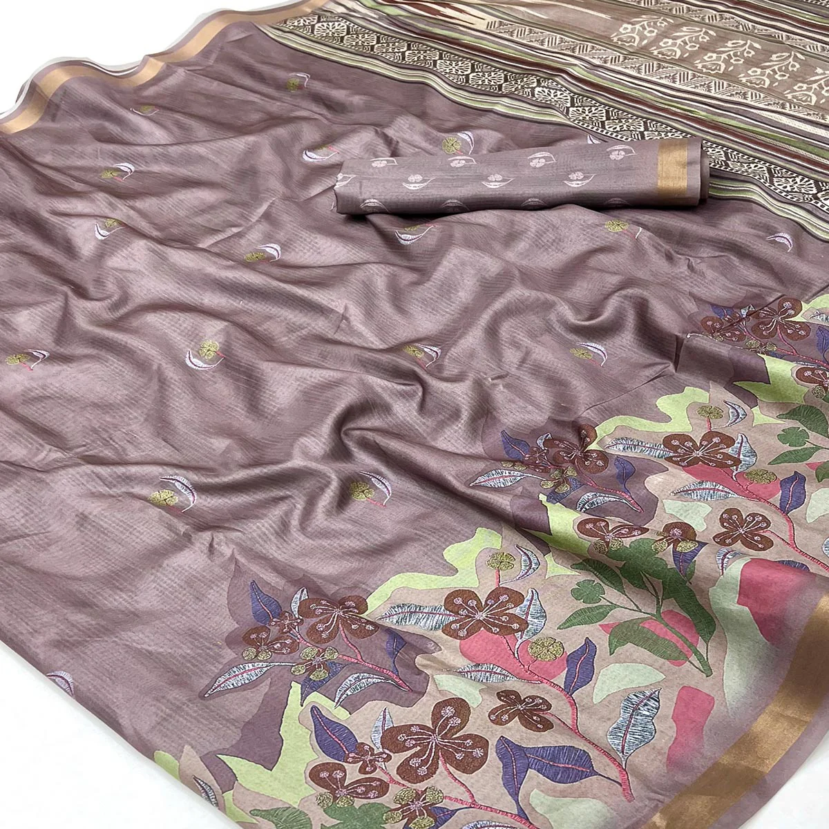 Ethereal Taupe Floral Digital Printed Dola Silk Saree With Zari Border - Image 2
