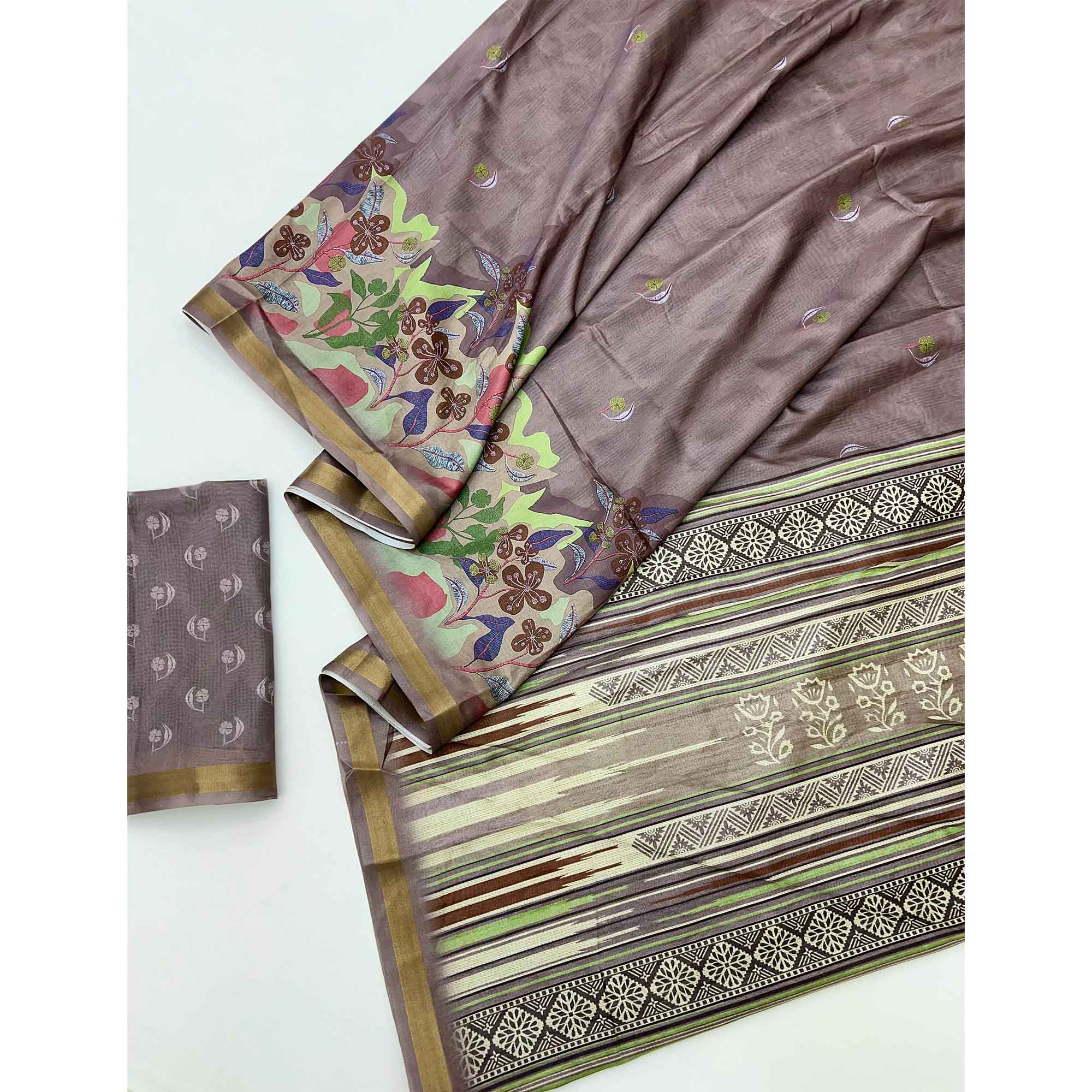 Ethereal Taupe Floral Digital Printed Dola Silk Saree With Zari Border - Image 3