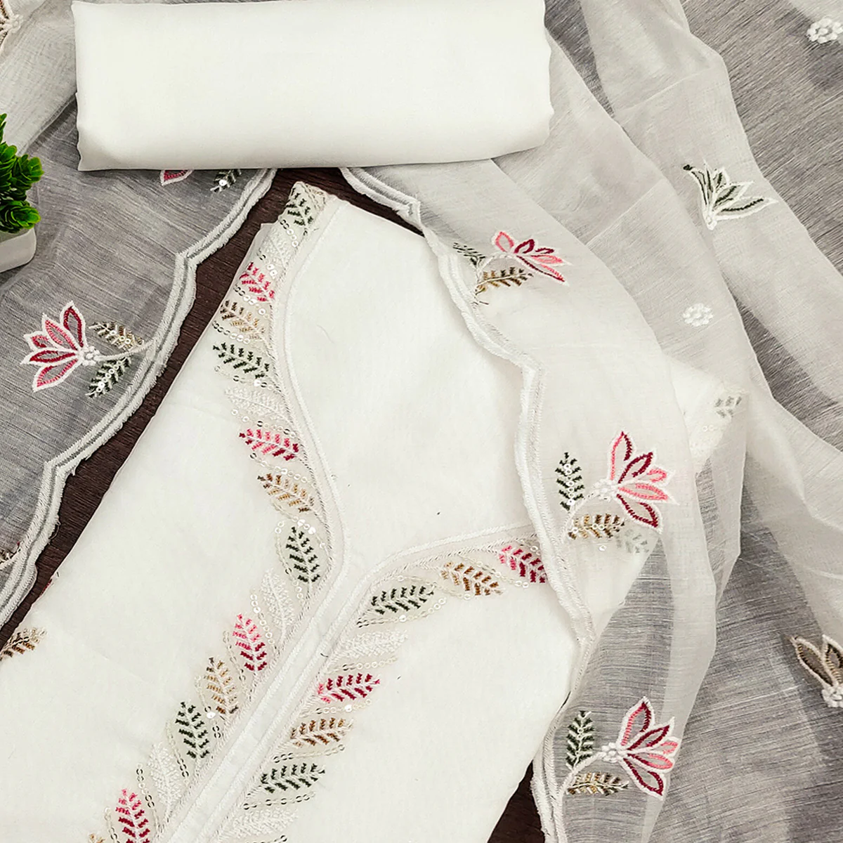 Ethereal White Chanderi Cotton Dress Material With Floral Thread Embroidery & Sequins Work - Image 2