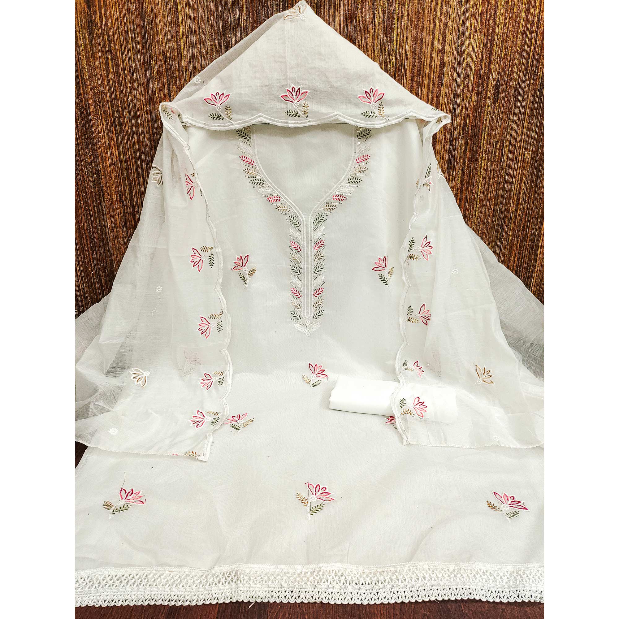 Ethereal White Chanderi Cotton Dress Material With Floral Thread Embroidery & Sequins Work - Image 3