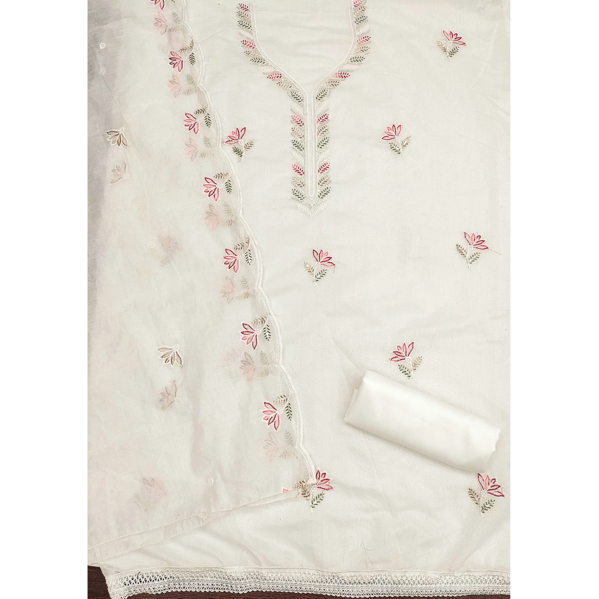 Ethereal White Chanderi Cotton Dress Material With Floral Thread Embroidery & Sequins Work - Image 4