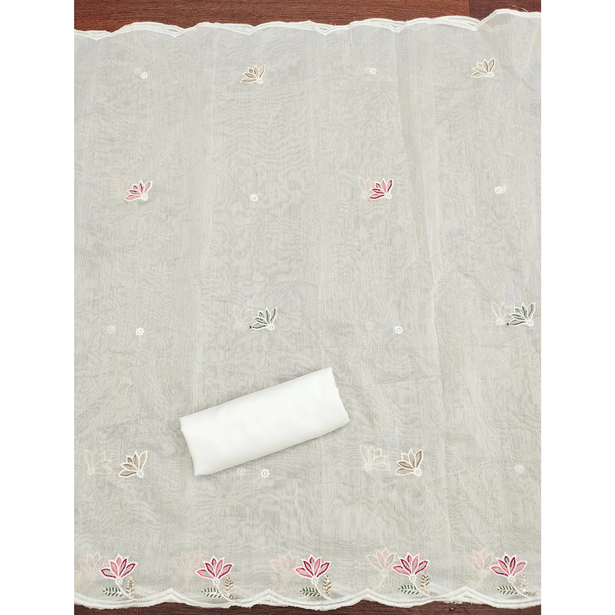 Ethereal White Chanderi Cotton Dress Material With Floral Thread Embroidery & Sequins Work - Image 5