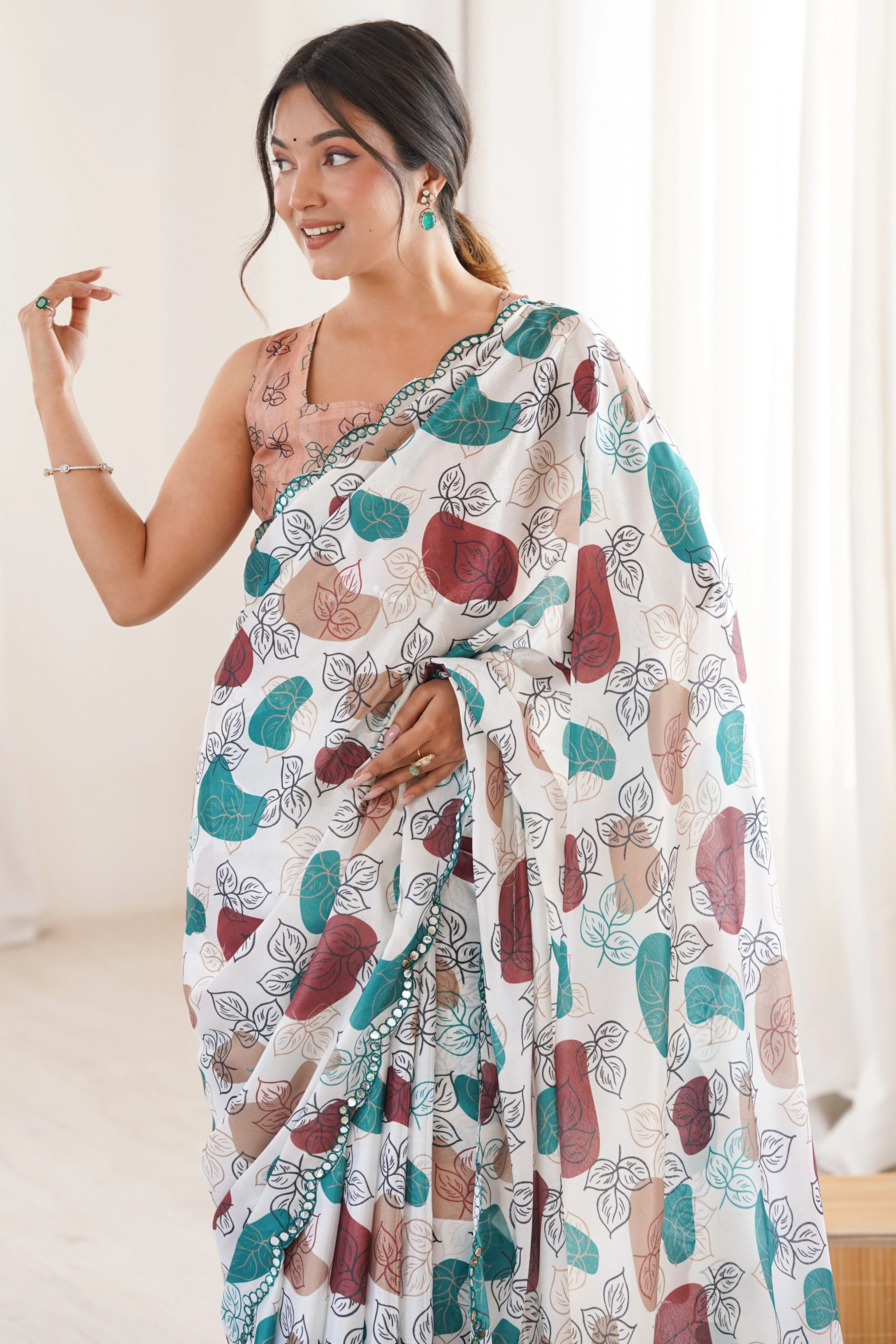 Ethereal White Leaf Digital Printed Chinon Saree Accented By Elegant Finished Embroidered Border - Image 8