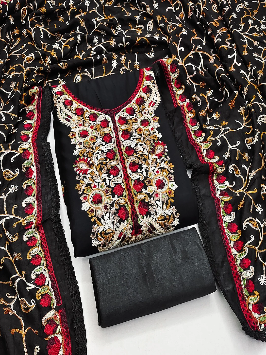 Ethnic Black Roman Art Silk Dress Material Highlighted With Floral & Paisley Thread Embroidery - Image 4