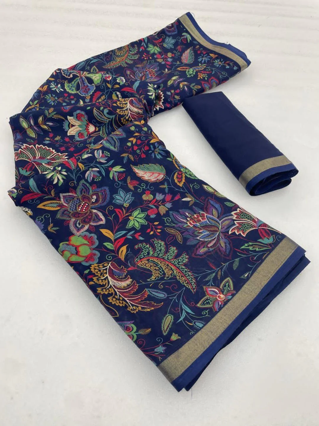 Ethnic Blue Chanderi Silk Saree with Detailed Floral Pattern - Image 3
