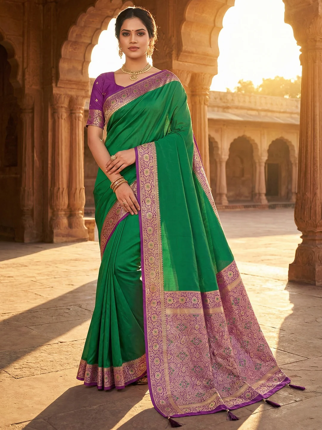 Ethnic Green Pure Silk Saree with Intricate Border Weaving and Stitched Blouse for Festive Occasions