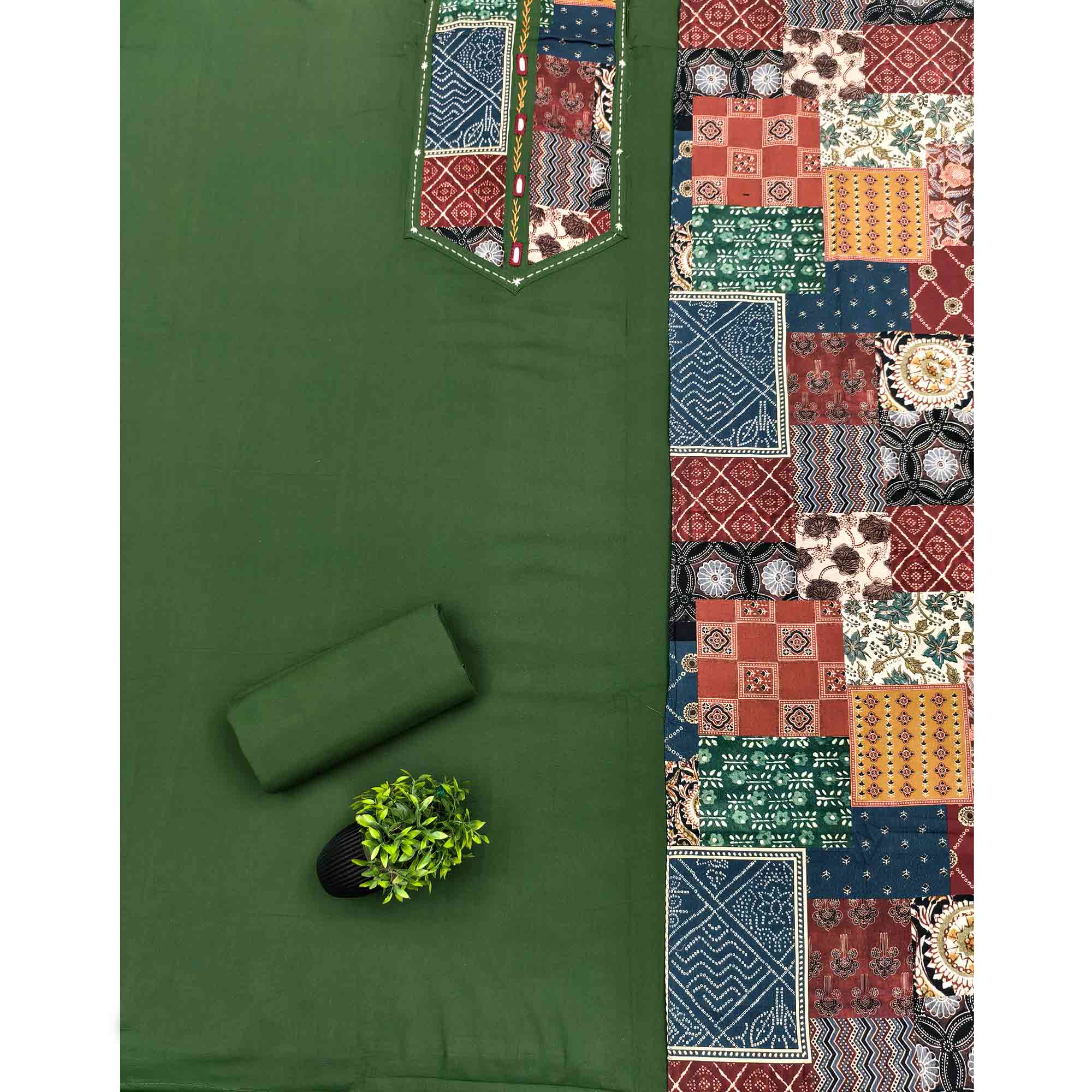 Ethnic Green Solid With Printed Pure Cotton Dress Material With Neck Embroidery Work - Image 3