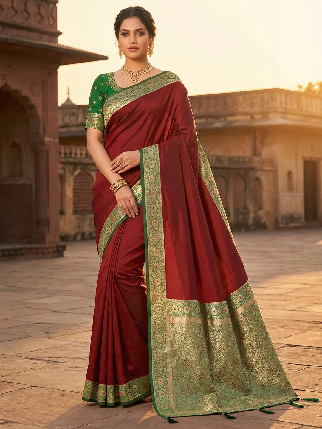 Ethnic Maroon Pure Silk Saree with Intricate Border Weaving and Stitched Blouse for Festive Occasions