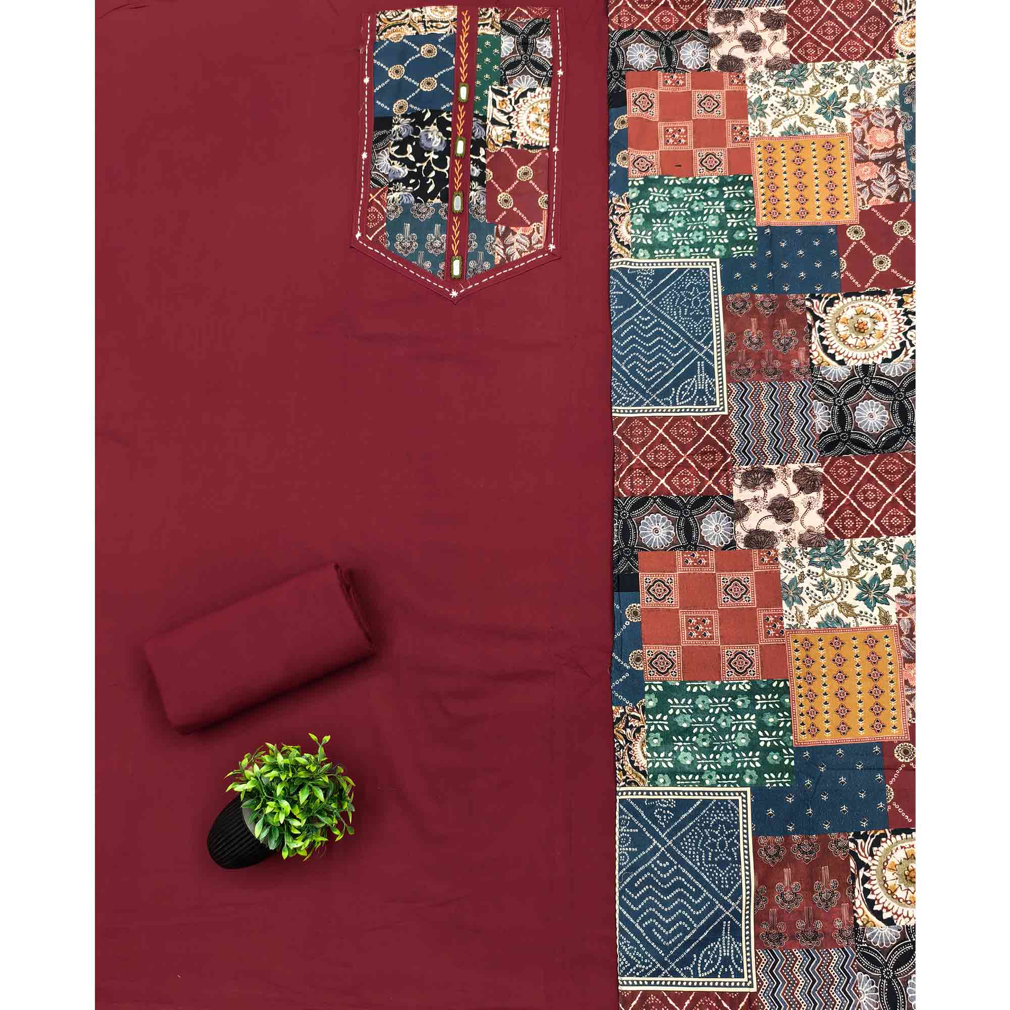 Ethnic Maroon Solid With Printed Pure Cotton Dress Material With Neck Embroidery Work - Image 3