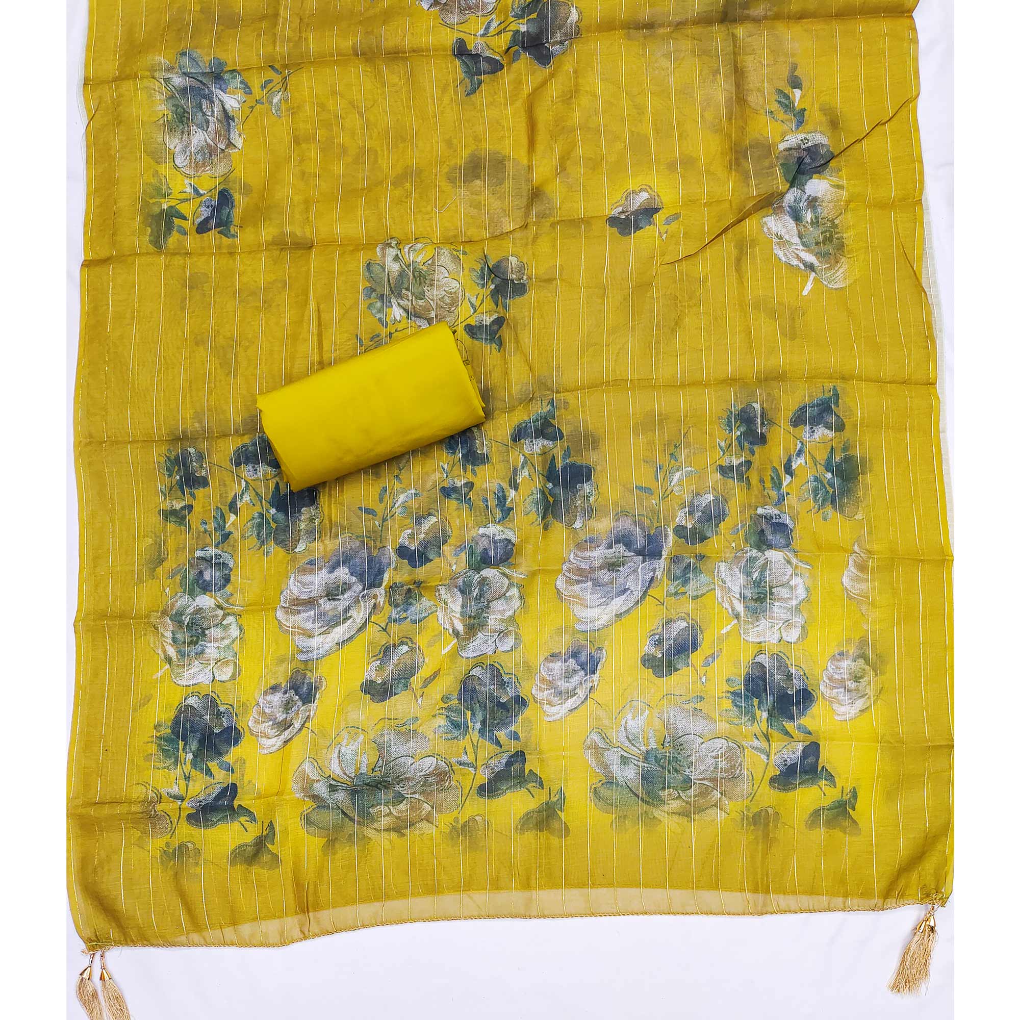 Ethnic Mustard Floral Thread Embroidered Roman Cotton Silk Dress Material With Subtle Sequins Work - Image 5