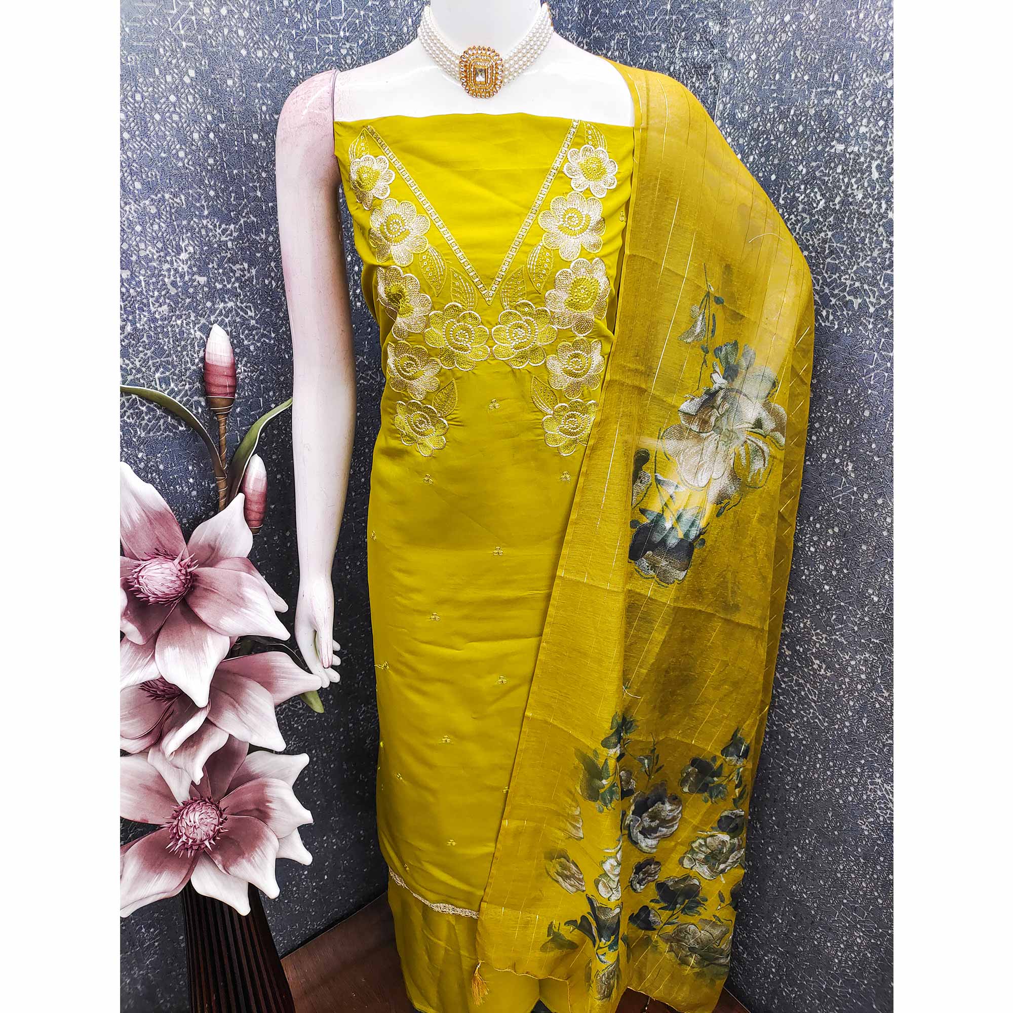 Ethnic Mustard Floral Thread Embroidered Roman Cotton Silk Dress Material With Subtle Sequins Work - Image 6