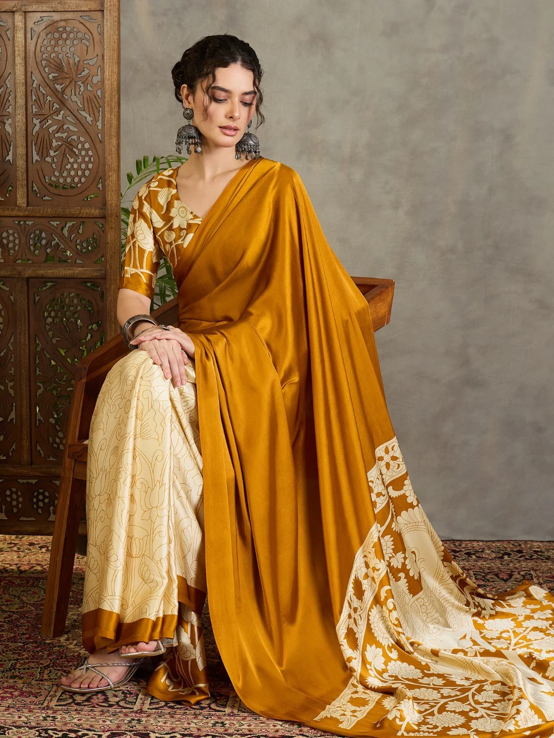 Ethnic Mustard  Satin Saree with Detailed Kalamkari Printed Design - Image 8