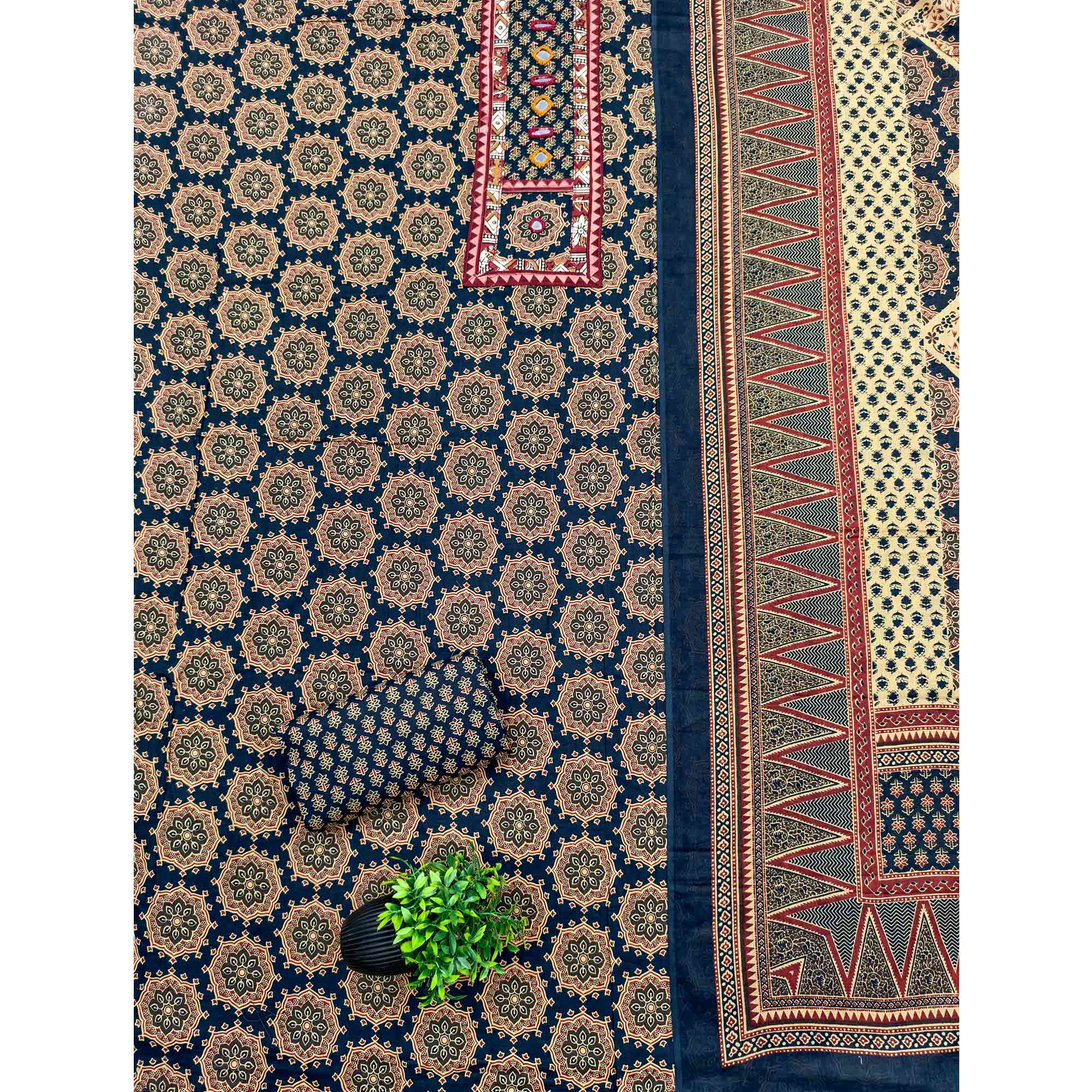 Ethnic Navy Blue Floral Printed Pure Cotton Dress Material Accented With Fine Neck Embroidery Work - Image 3