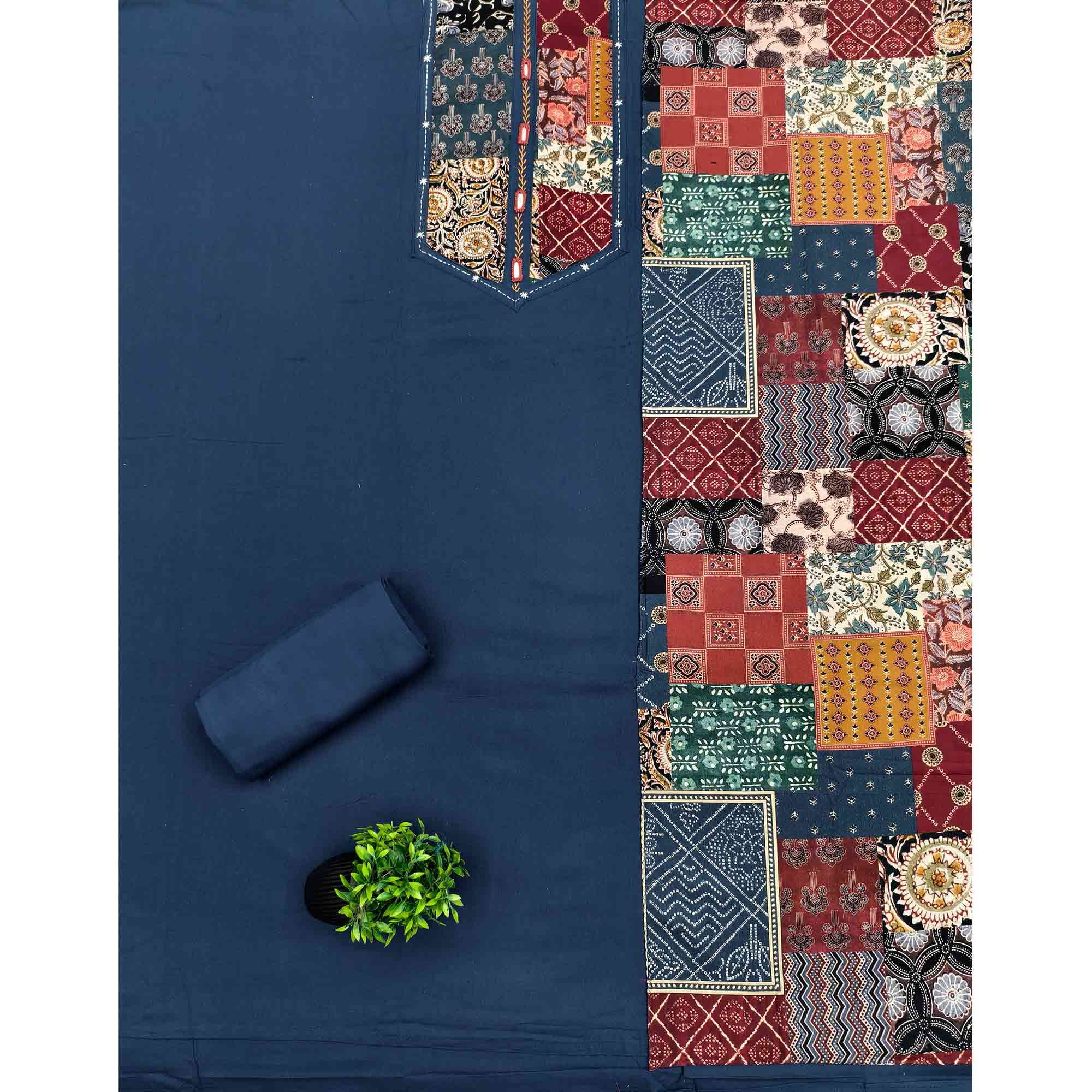 Ethnic Navy Blue Solid With Printed Pure Cotton Dress Material With Neck Embroidery Work - Image 3