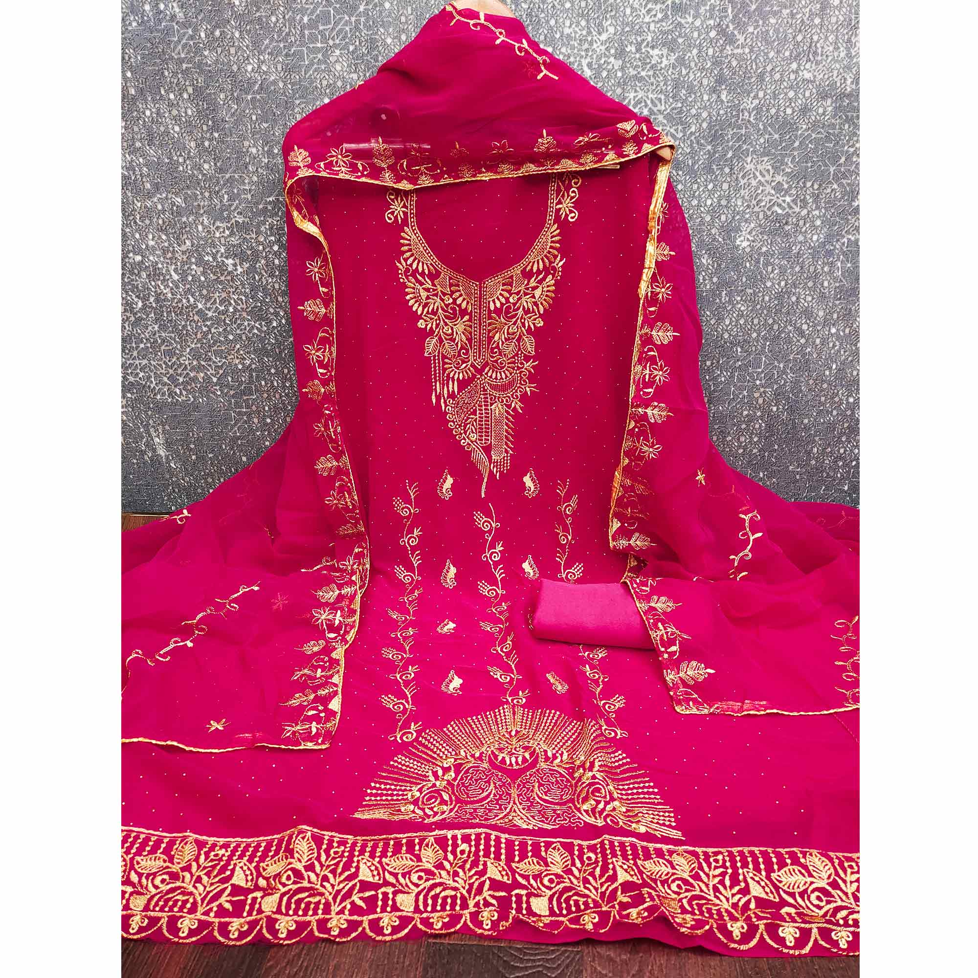 Ethnic Pink Floral Embroidered Georgette Dress Material With Shimmering Swarovski Accents - Image 4
