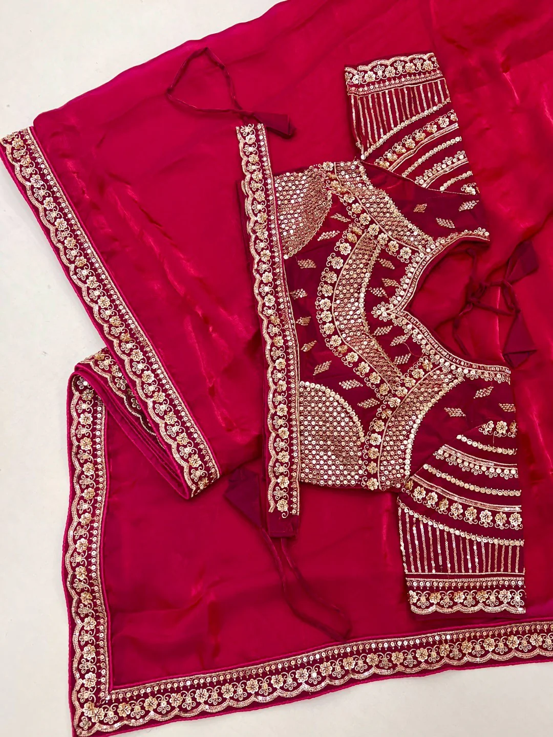 Ethnic Pink Satin Saree with Elegant Embroidered Blouse - Image 2