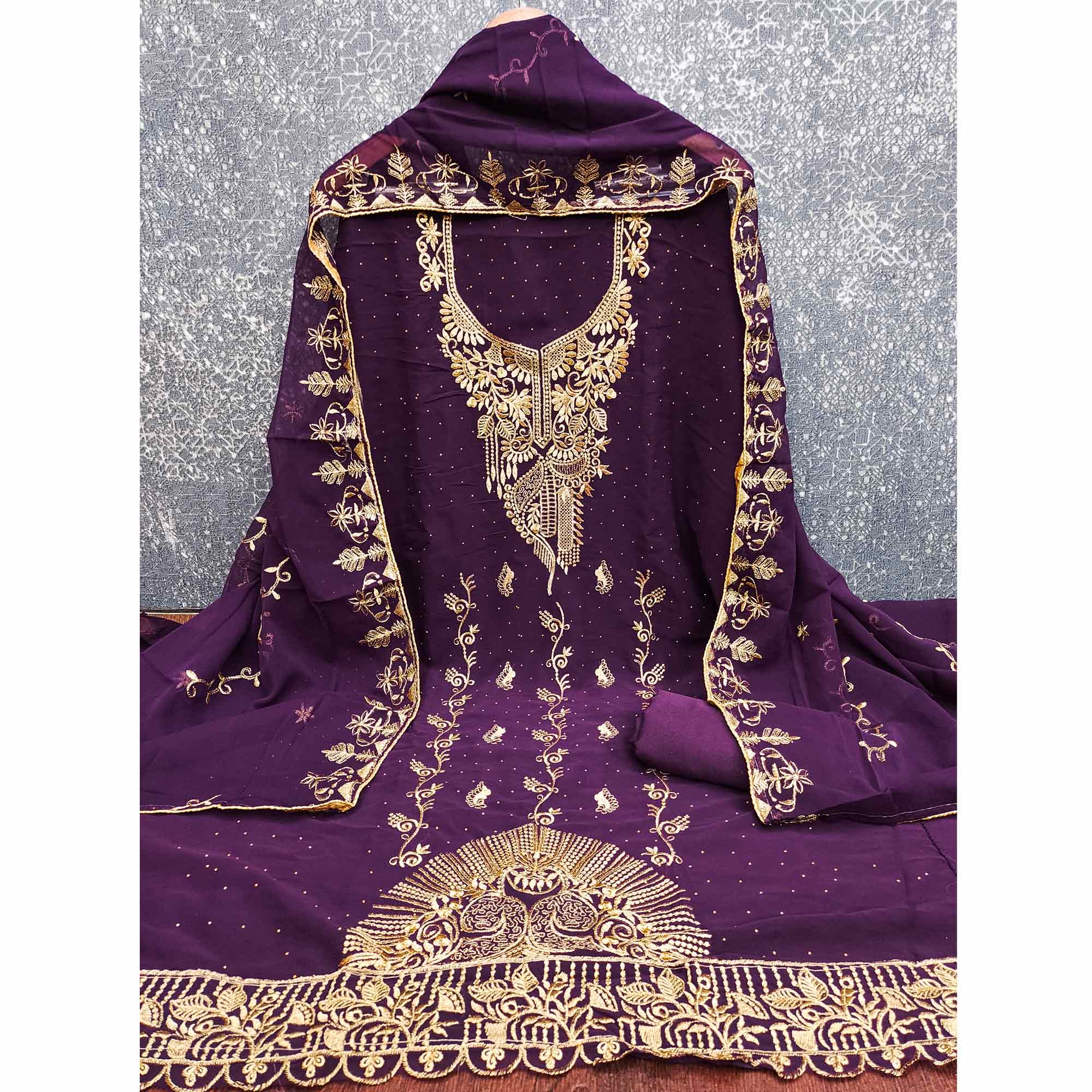 Ethnic Purple Floral Embroidered Georgette Dress Material With Shimmering Swarovski Accents - Image 4