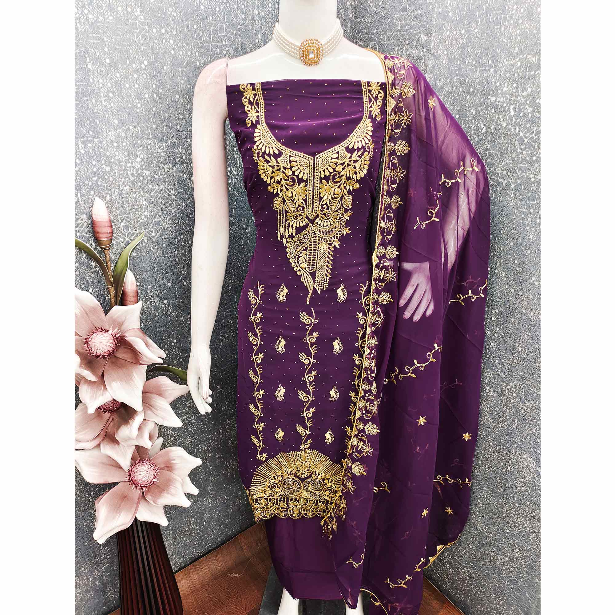 Ethnic Purple Floral Embroidered Georgette Dress Material With Shimmering Swarovski Accents - Image 5