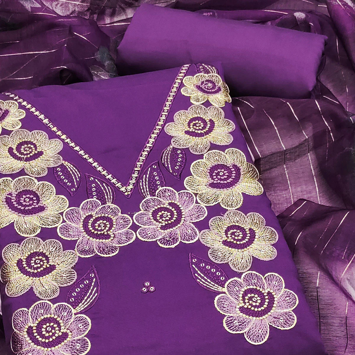 Ethnic Purple Floral Thread Embroidered Roman Cotton Silk Dress Material With Subtle Sequins Work - Image 2