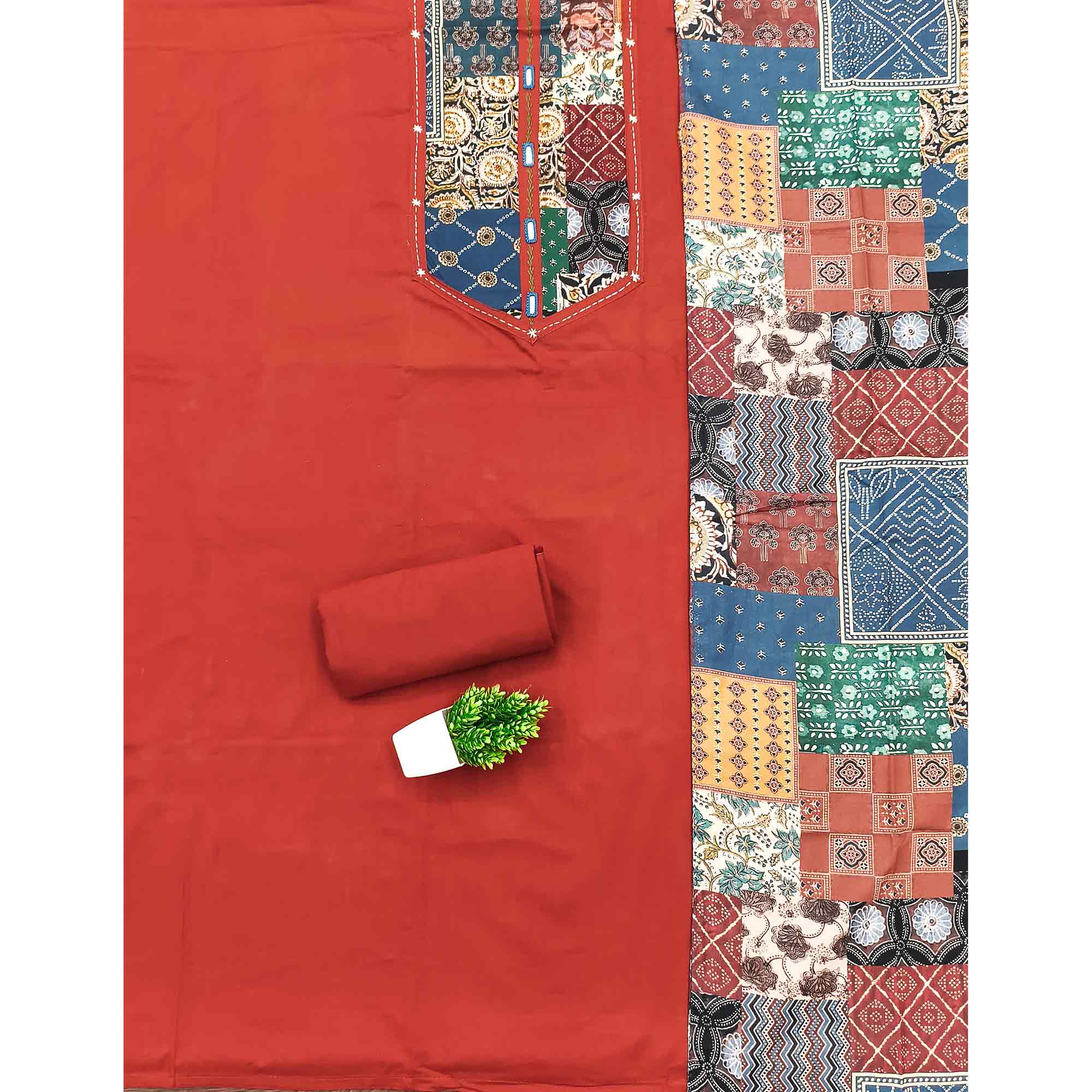 Ethnic Red Solid With Printed Pure Cotton Dress Material With Neck Embroidery Work - Image 3
