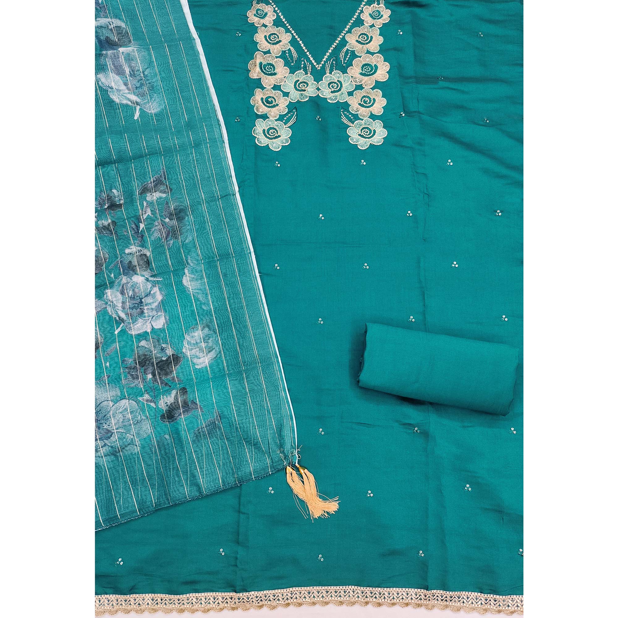 Ethnic Teal Floral Thread Embroidered Roman Cotton Silk Dress Material With Subtle Sequins Work - Image 4
