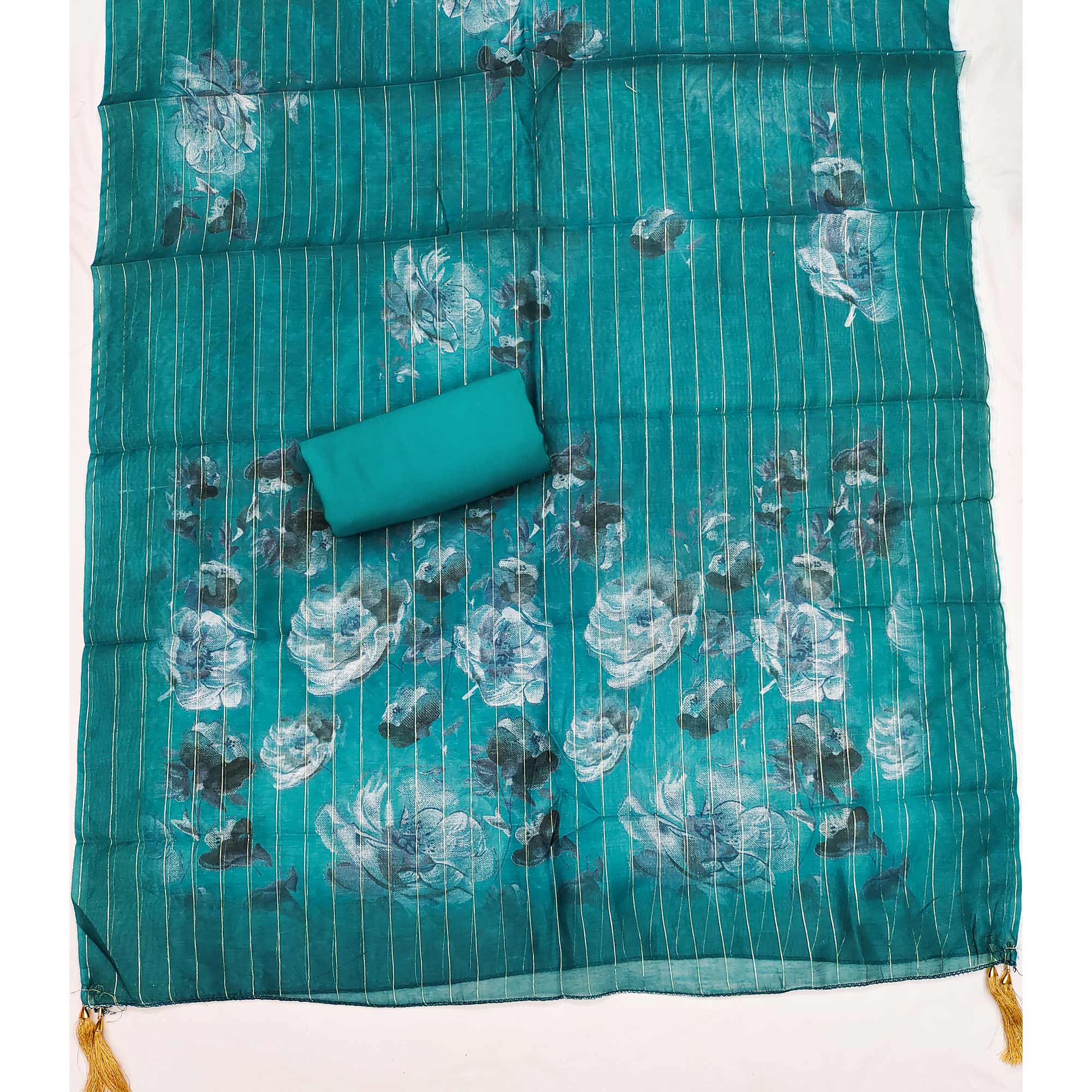 Ethnic Teal Floral Thread Embroidered Roman Cotton Silk Dress Material With Subtle Sequins Work - Image 5