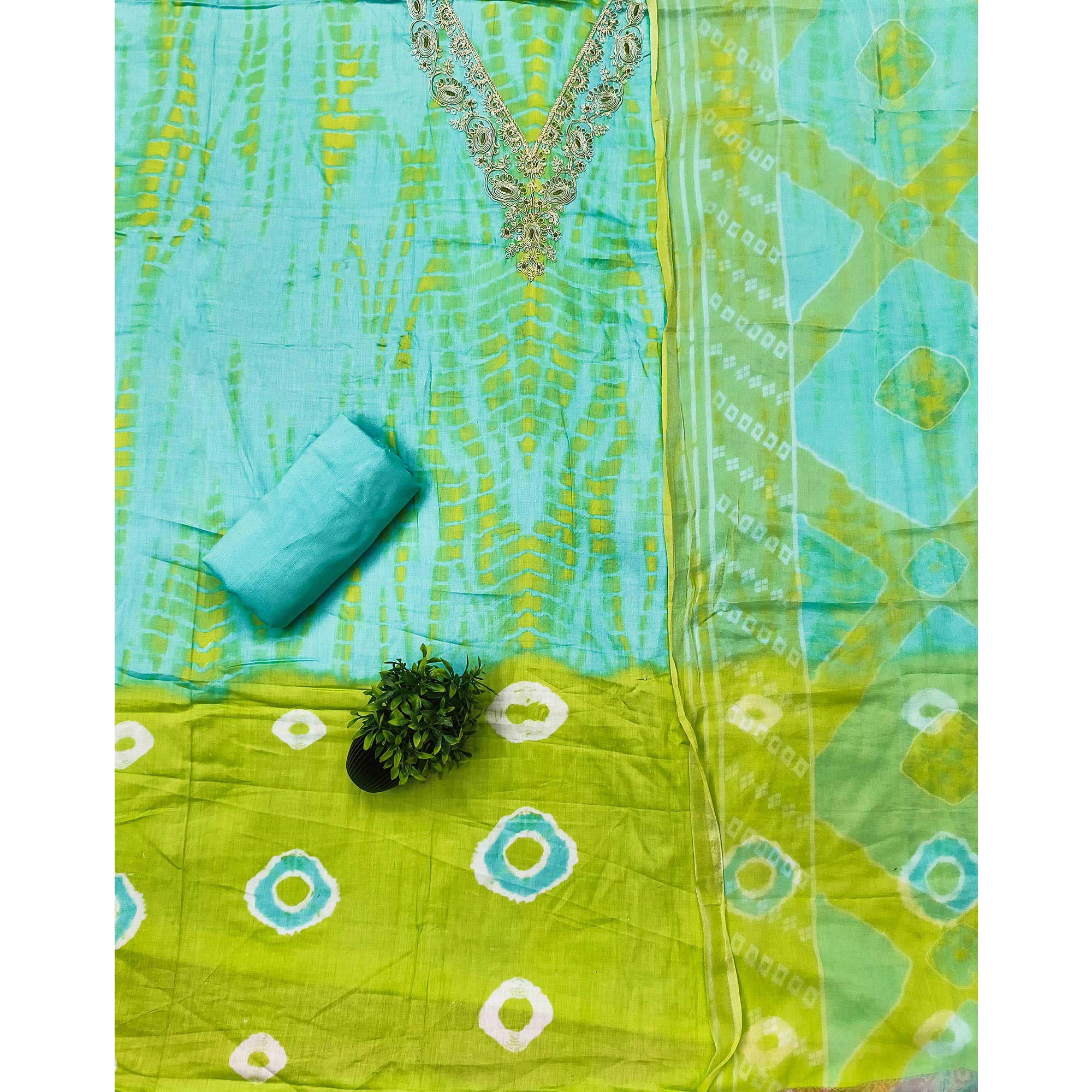 Ethnic Turquoise & Green Bandhani Print Pure Cotton Dress Material Accented With Cording Embroidery - Image 3