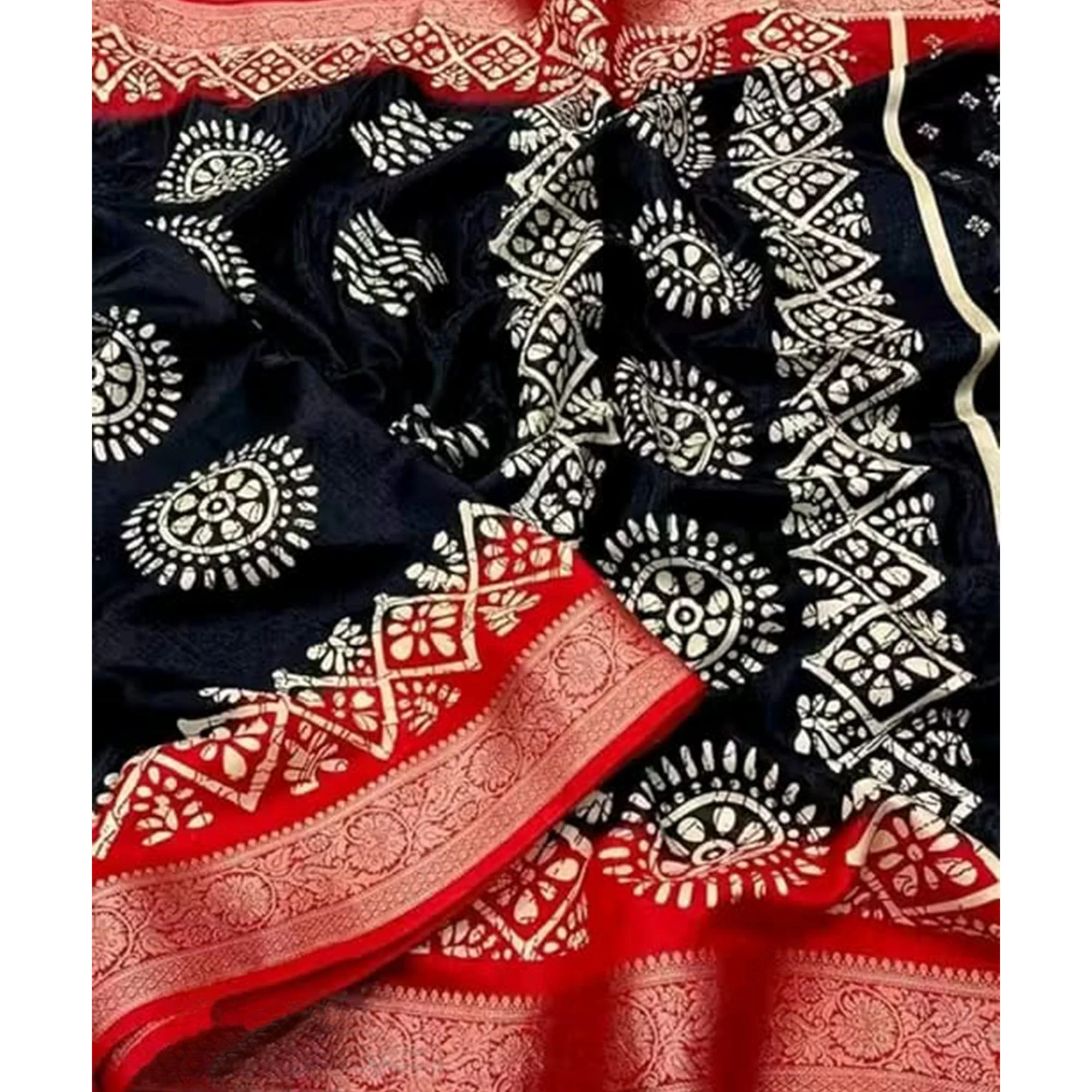 Exclusive Black Batik Printed Saree in Soft Dola Silk Fabric with Intricate Detailing - Image 3
