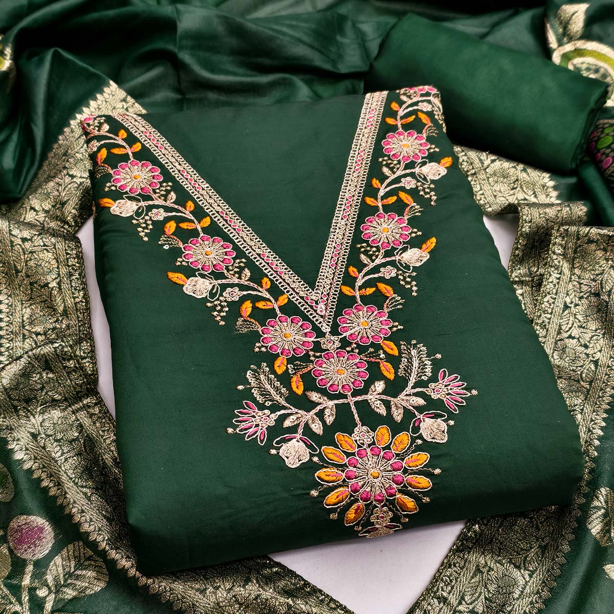 Exclusive Bottle Green Floral Cording Embroidered Silk Blend Dress Material With Luxe Sequins Work - Image 2