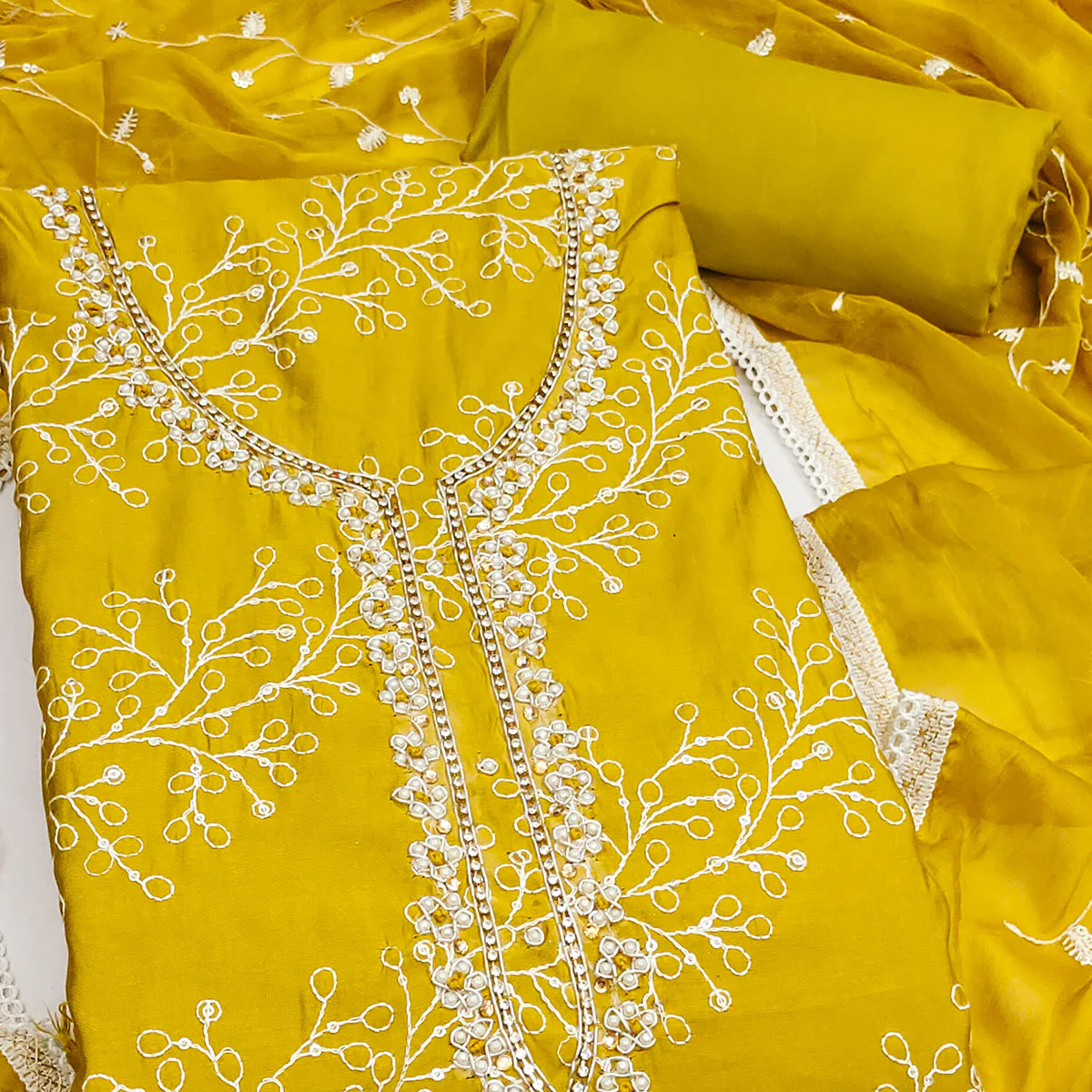 Exclusive Dark Mustard Floral Embroidery Cotton Silk Dress Material Enhanced With Moti & Sequin Work - Image 2