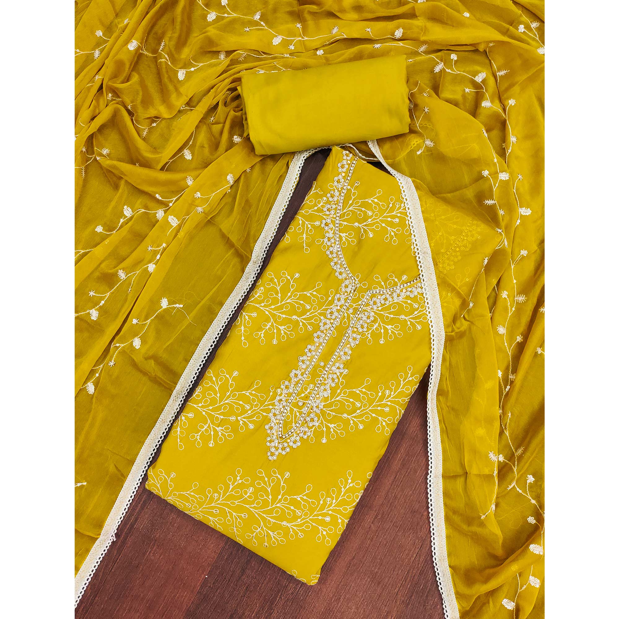 Exclusive Dark Mustard Floral Embroidery Cotton Silk Dress Material Enhanced With Moti & Sequin Work - Image 3