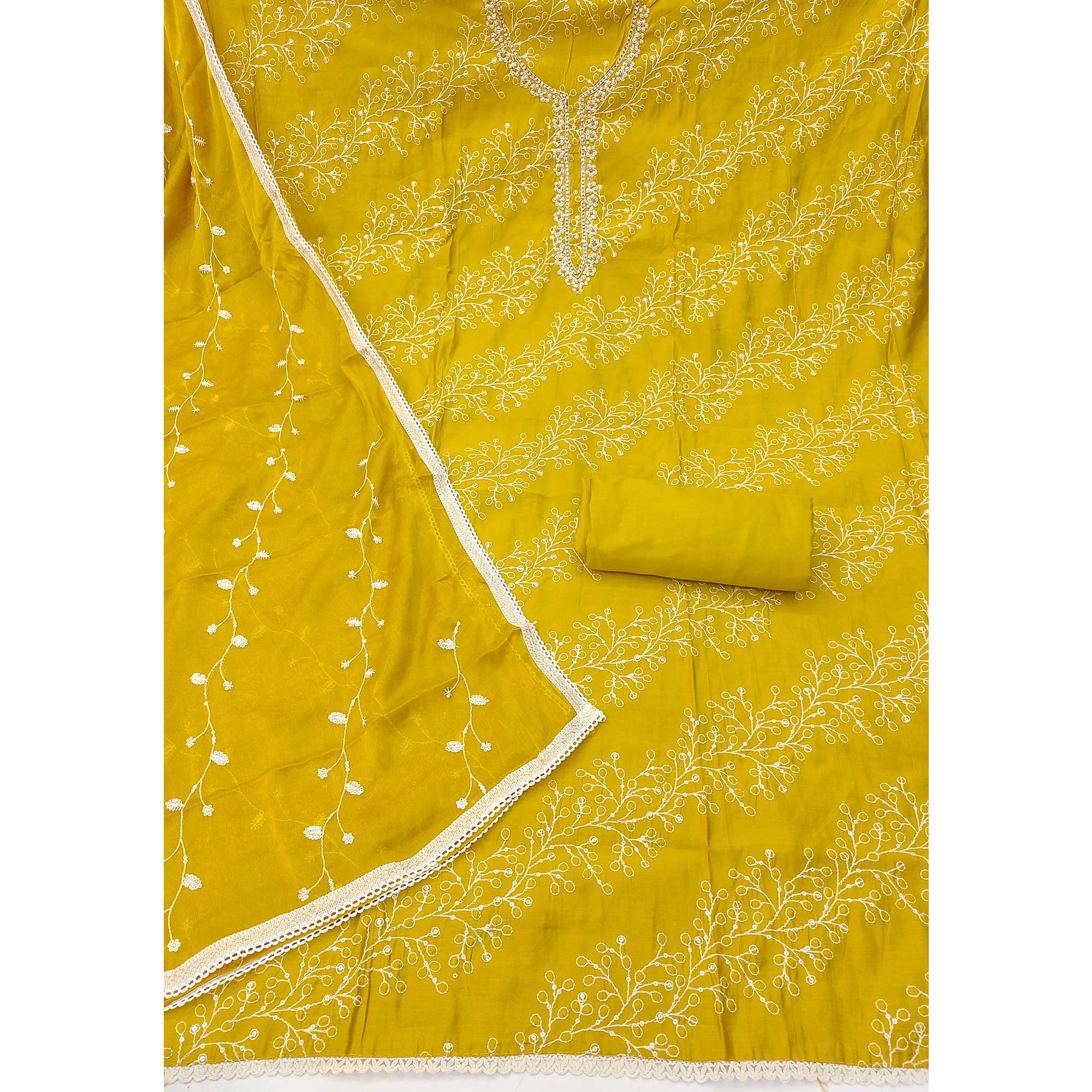 Exclusive Dark Mustard Floral Embroidery Cotton Silk Dress Material Enhanced With Moti & Sequin Work - Image 4