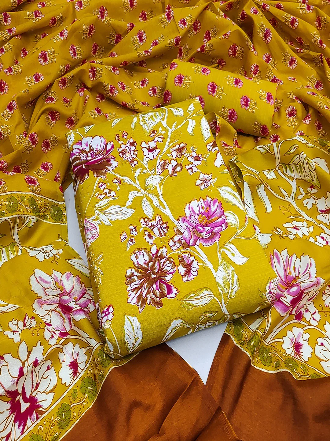 Exclusive Dark Mustard Floral Printed Rayon Dress Material With Delicate Design Finish - Image 2