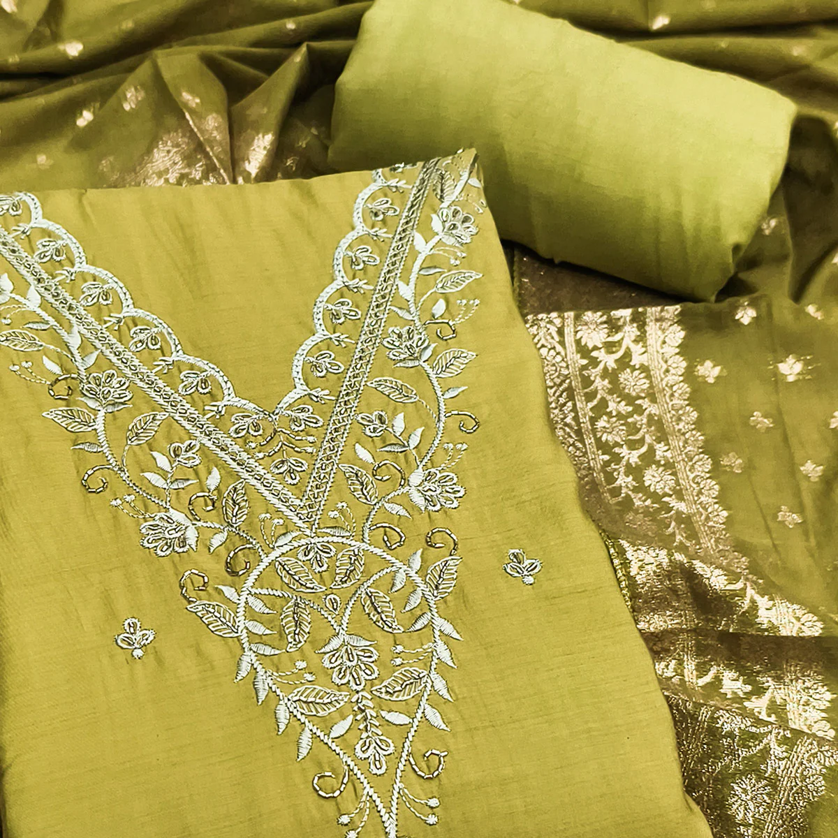 Exclusive Green Floral Embroidery Viscose Dress Material Enhanced With Cutdana Handwork Accents - Image 2